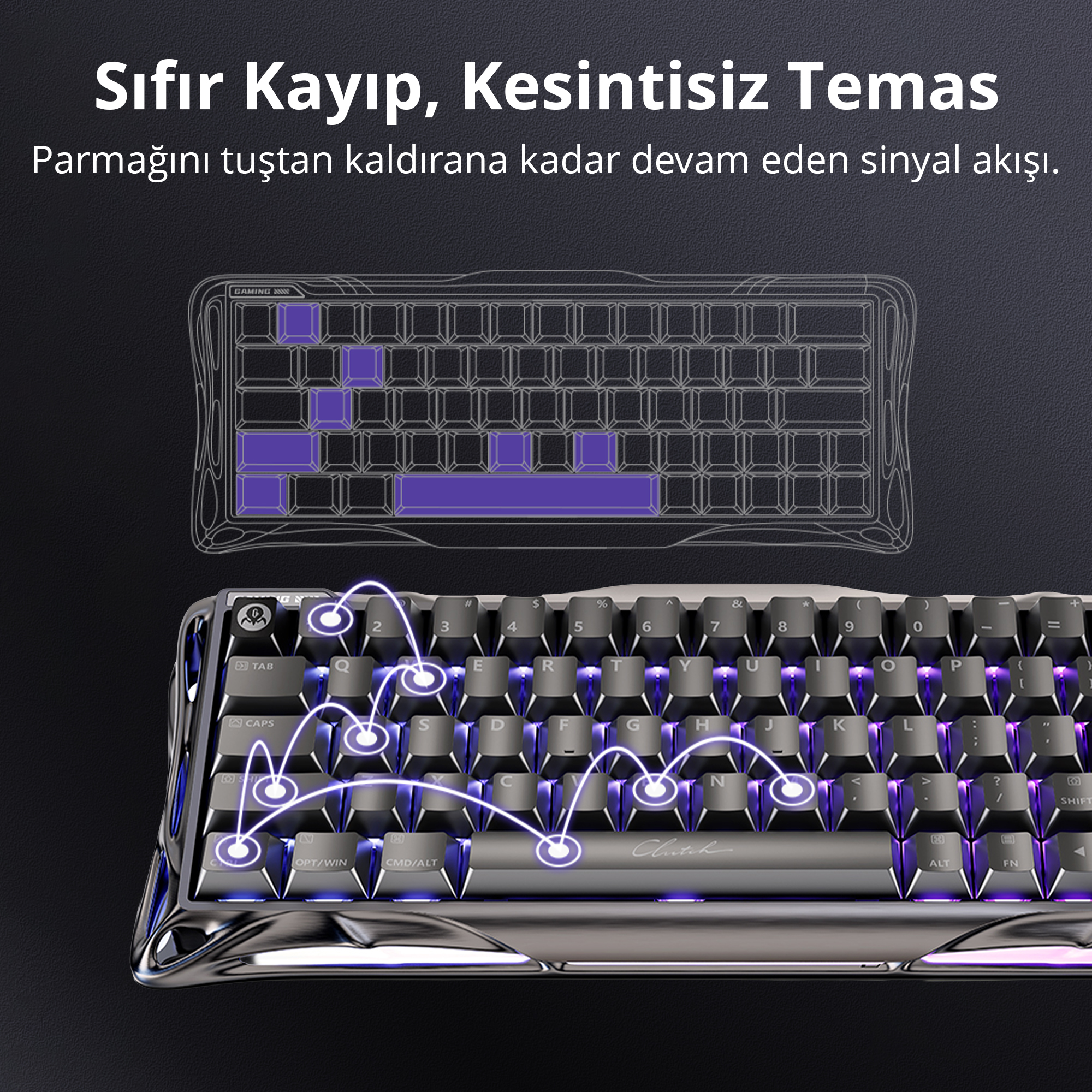 Mor ışık efektleriyle aydınlatılmış, gümüş çerçeveli bir oyuncu klavyesi.