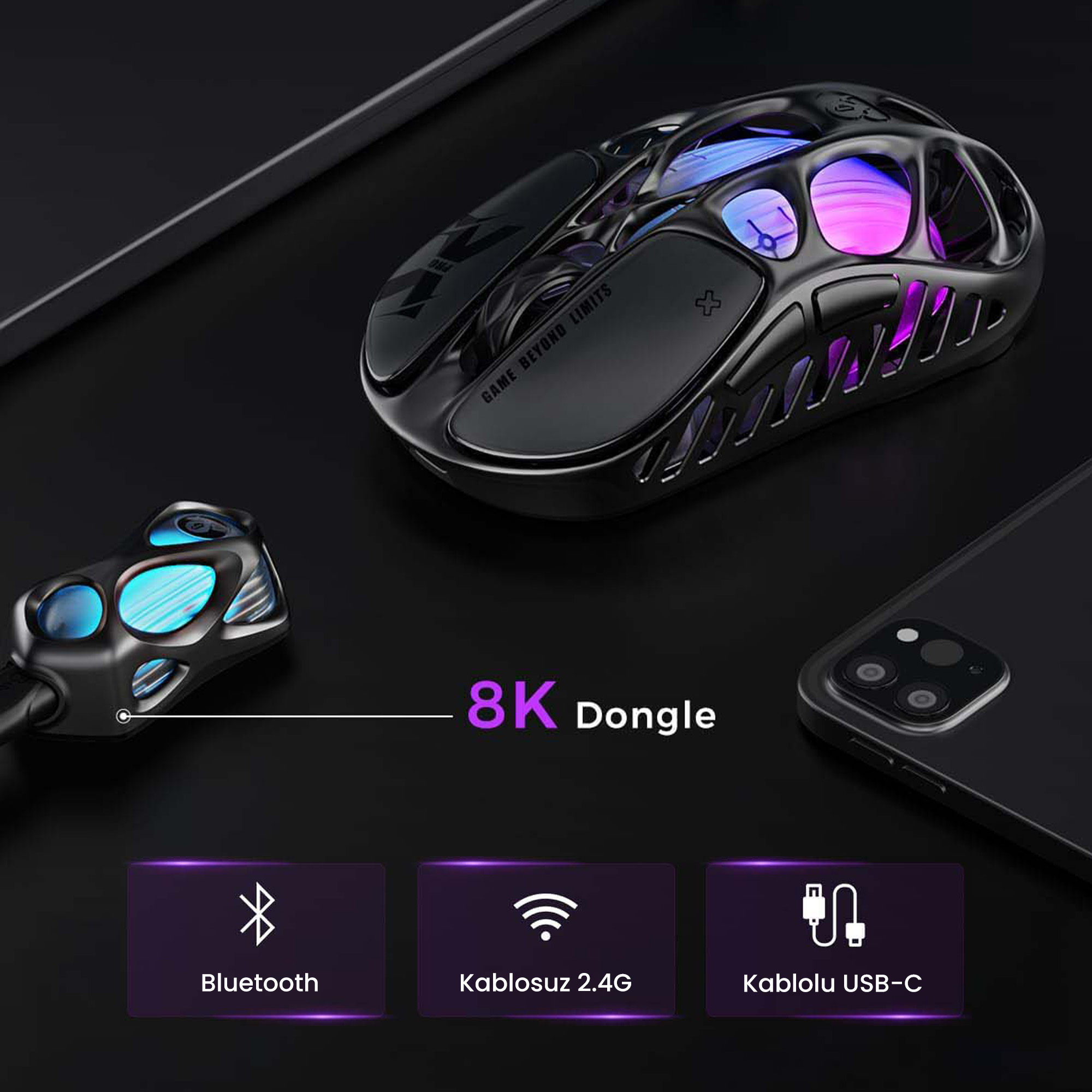 RGB aydınlatmalı siyah oyuncu faresi, 8K dongle, akıllı telefon ve üç bağlantı simgesi.