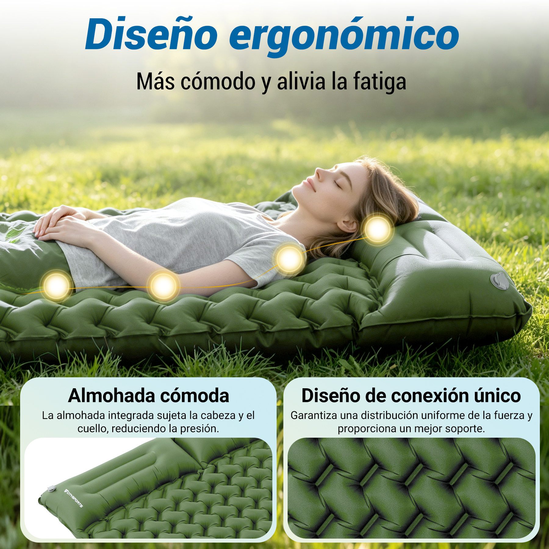 Una mujer descansa en un colchón inflable verde en el césped, con resaltados en almohada y diseño.