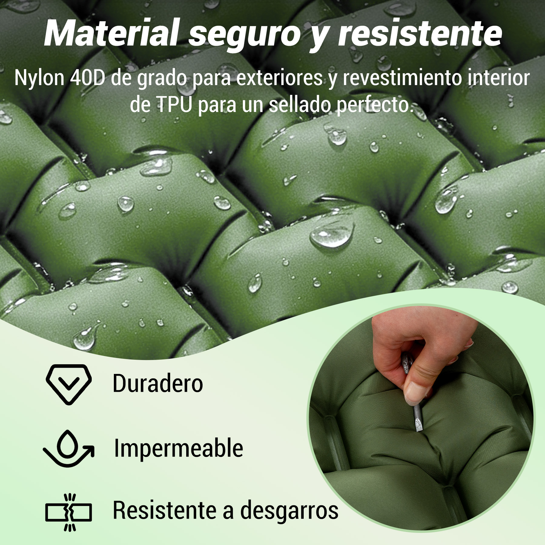 Material acolchado verde con gotas de agua, con íconos de durabilidad e impermeabilidad.