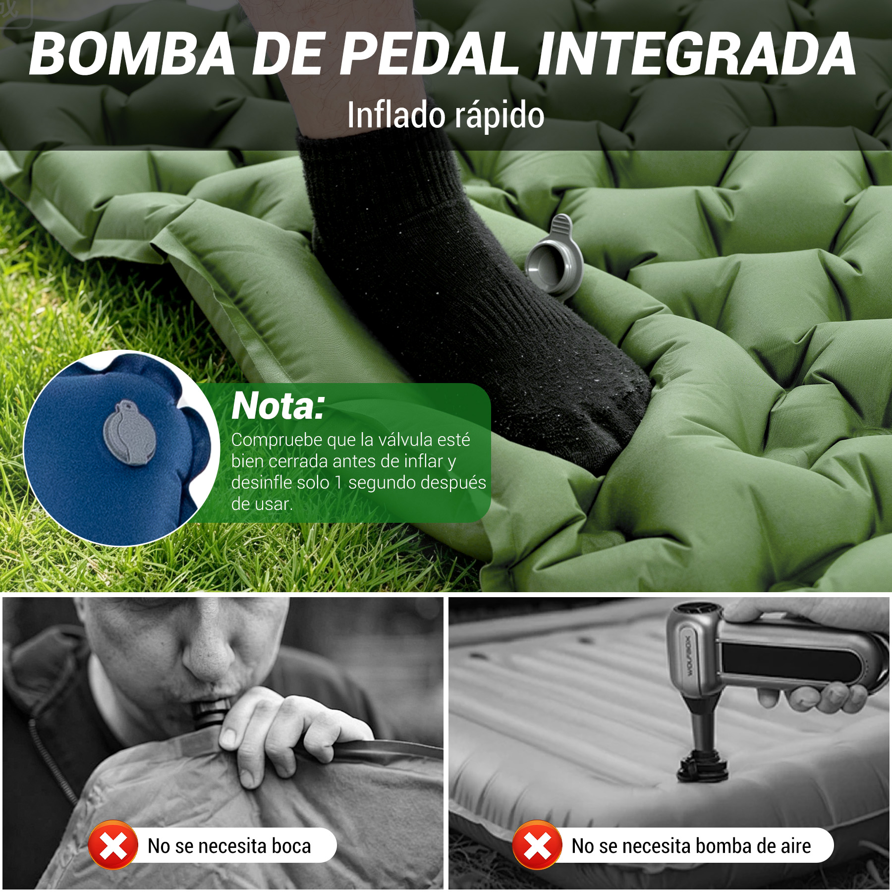 Bomba de pedal integrada: No se necesita boca ni bomba.