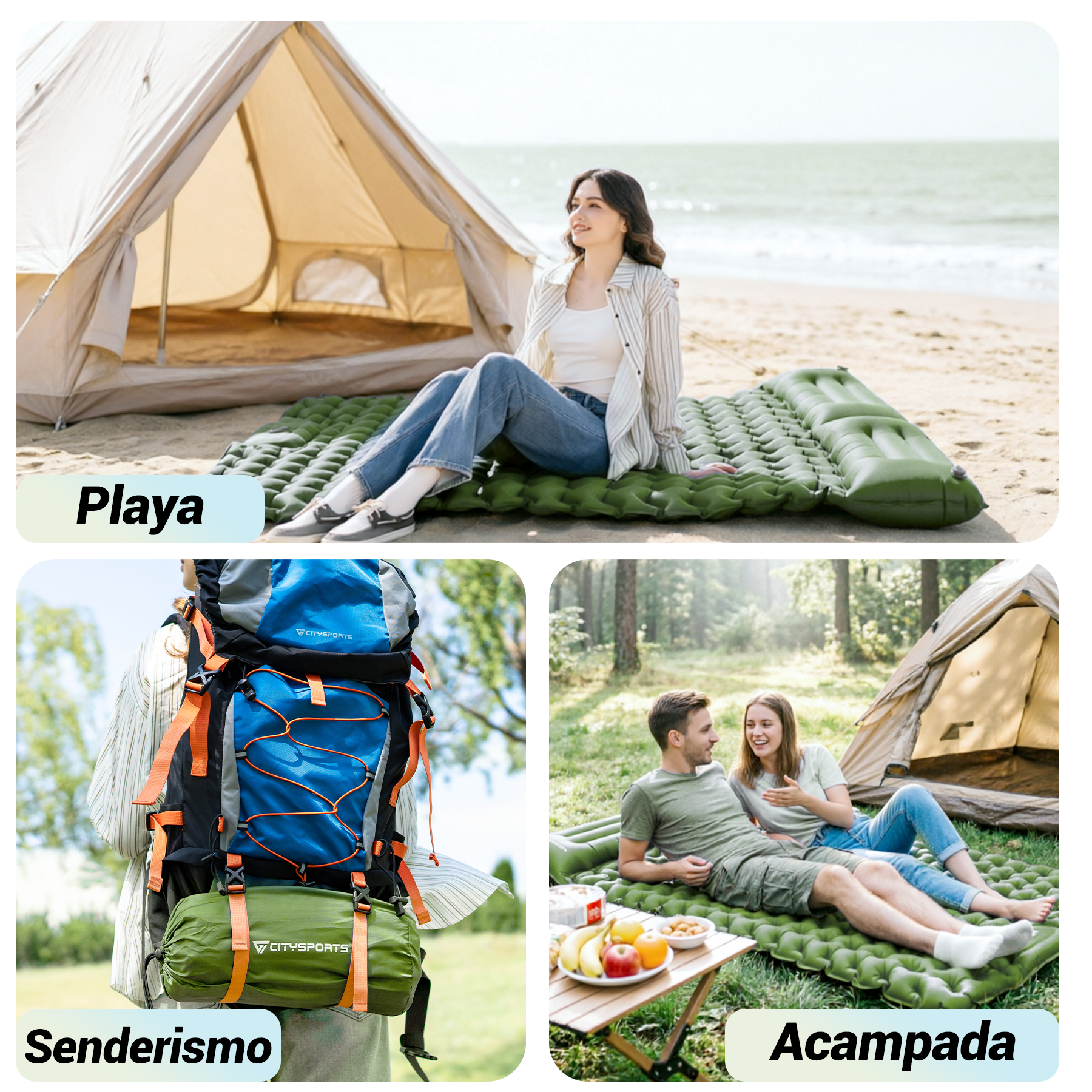 Tres escenas: Mujer en playa, mochila, pareja acampando.