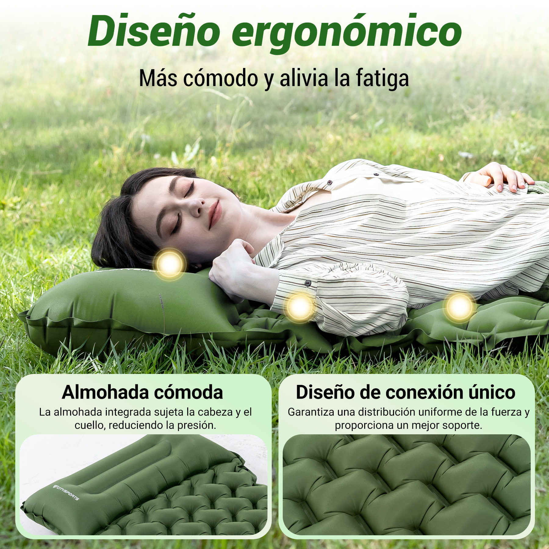 Mujer descansando en un colchón de aire verde en el césped, con texto sobre diseño ergonómico.