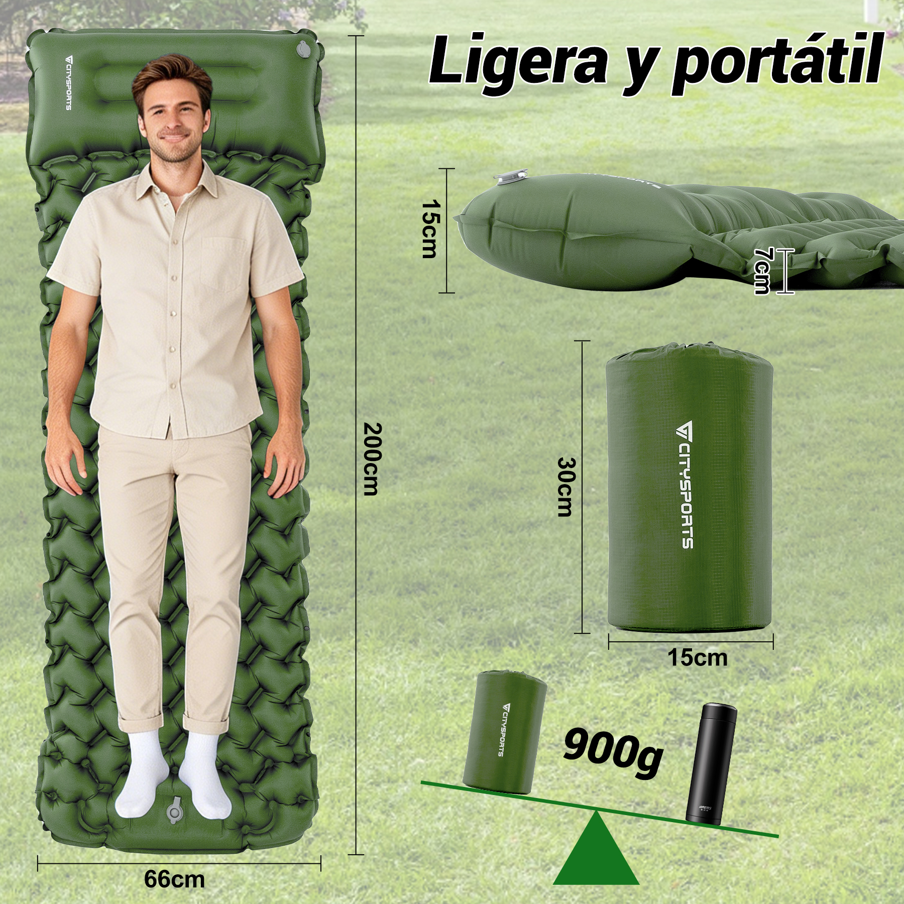 Un hombre está de pie sobre un colchón verde. Se muestran dimensiones y un saco de dormir enrollado.