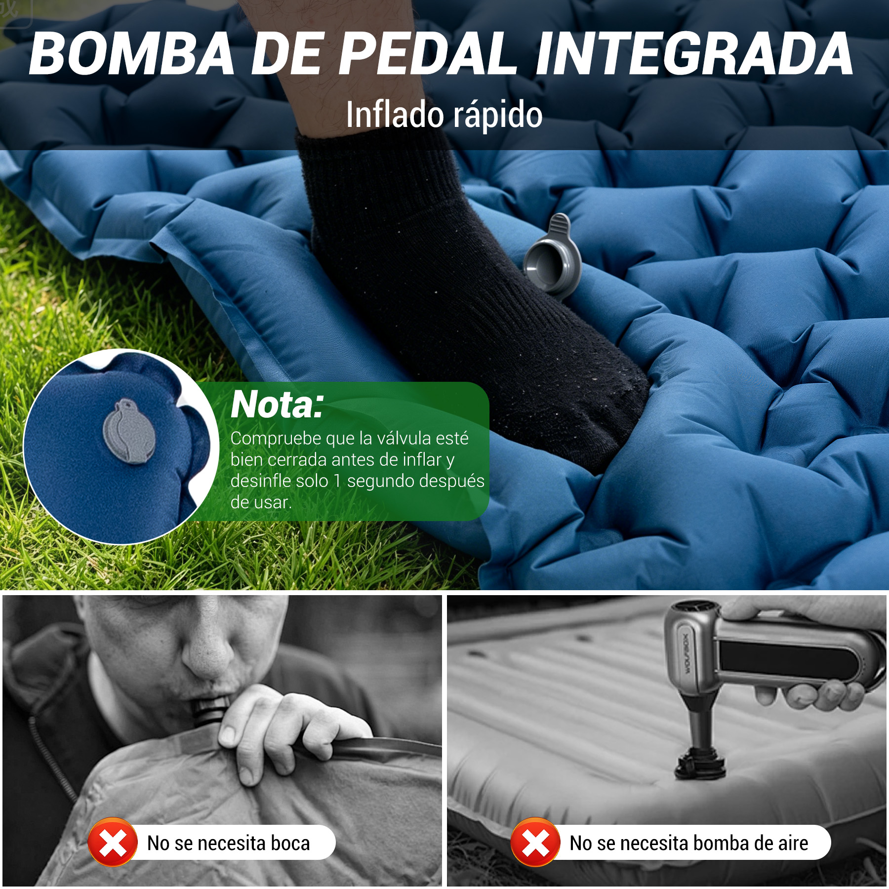 Bomba de pedal integrada en colchón inflable azul. Hombre pisándolo. Vista cercana.