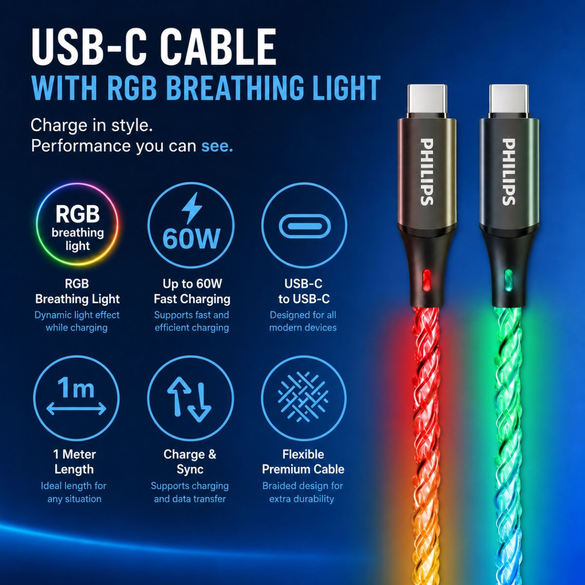 RGB ışıklı USB-C kablo, 60W, 1m uzunluk, şarj ve senkronizasyon.