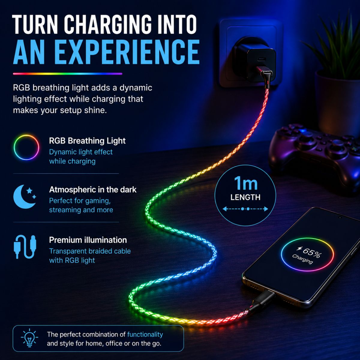 Renkli RGB şarj kablosu, %65 şarj gösteren bir telefona bağlı.