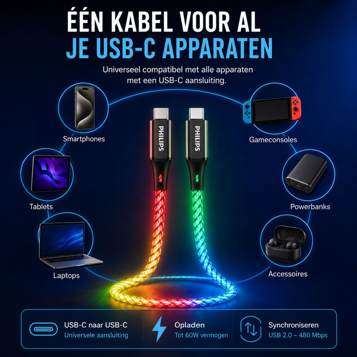 Işık efektli bir USB-C kablosu, akıllı telefonlar, tabletler, dizüstü bilgisayarlar, konsollar, powerbanklar ve kulaklıklar gibi çeşitli cihazları bağlar.