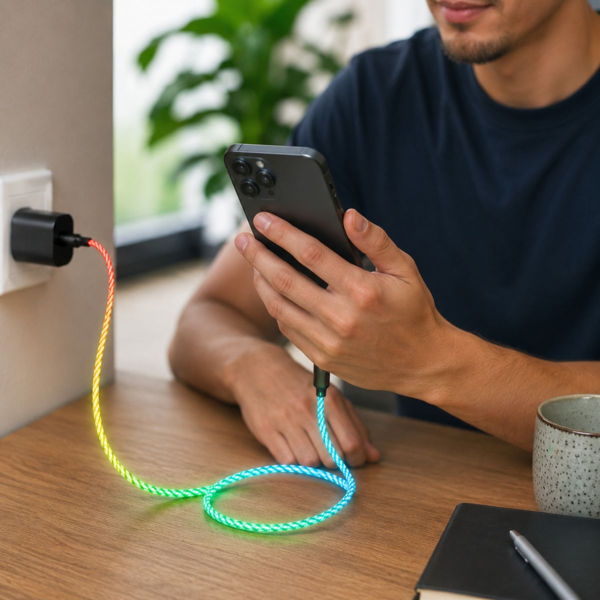 Bir adam, gökkuşağı ışıklı şarj kablosuna bağlı bir telefon kullanıyor.