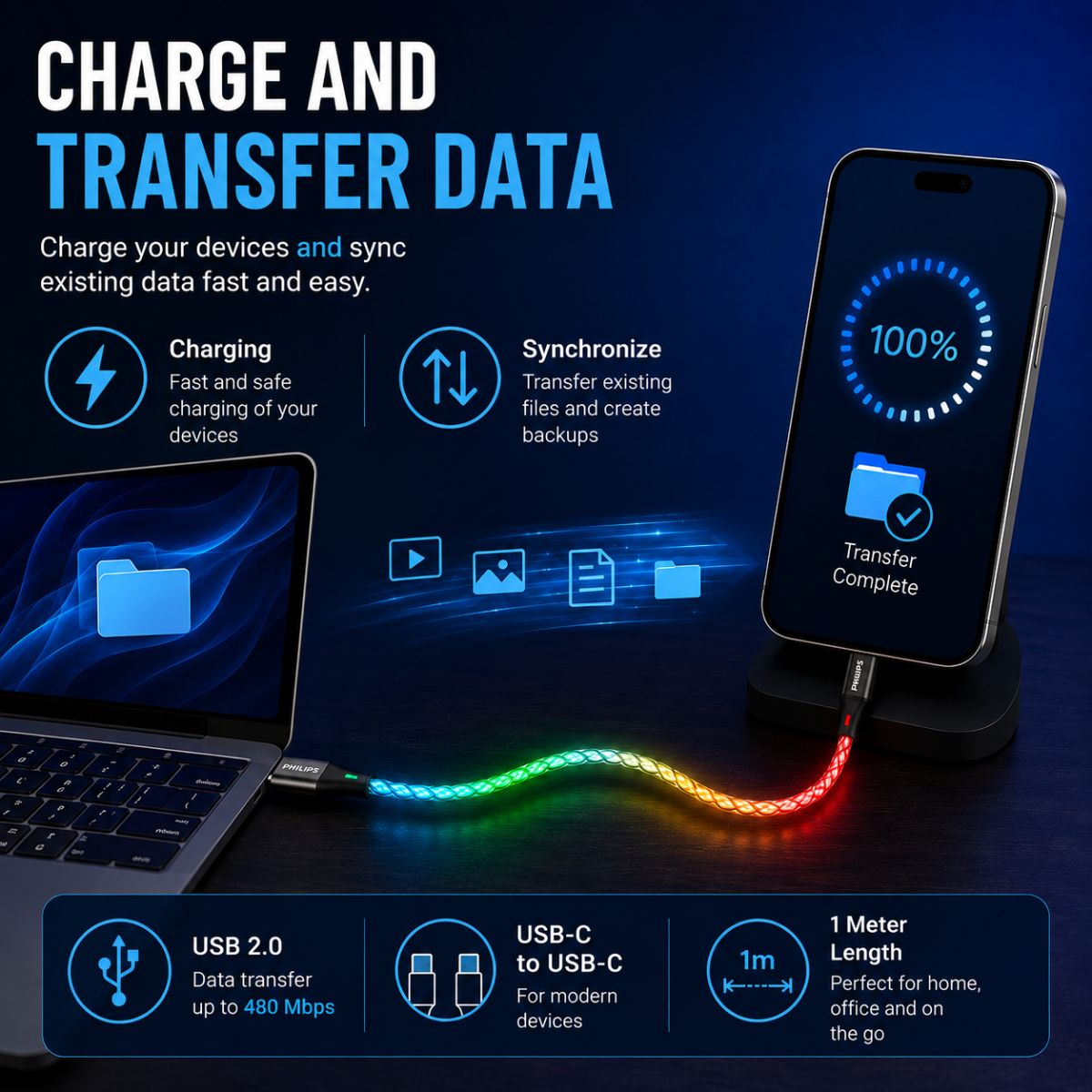 Gradyanlı bir USB-C kablosu dizüstü bilgisayar ve akıllı telefonu bağlıyor. Şarj ve veri aktarımı metni.