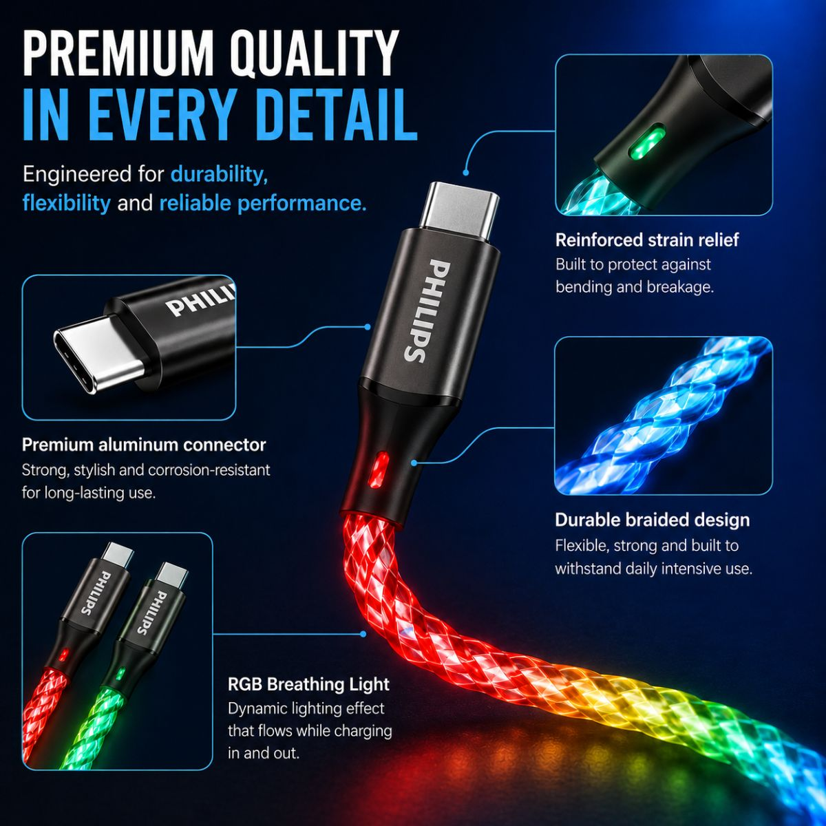 RGB aydınlatmalı, alüminyum konnektörlü ve güçlendirilmiş gerilim azaltmalı USB-C kablosu.