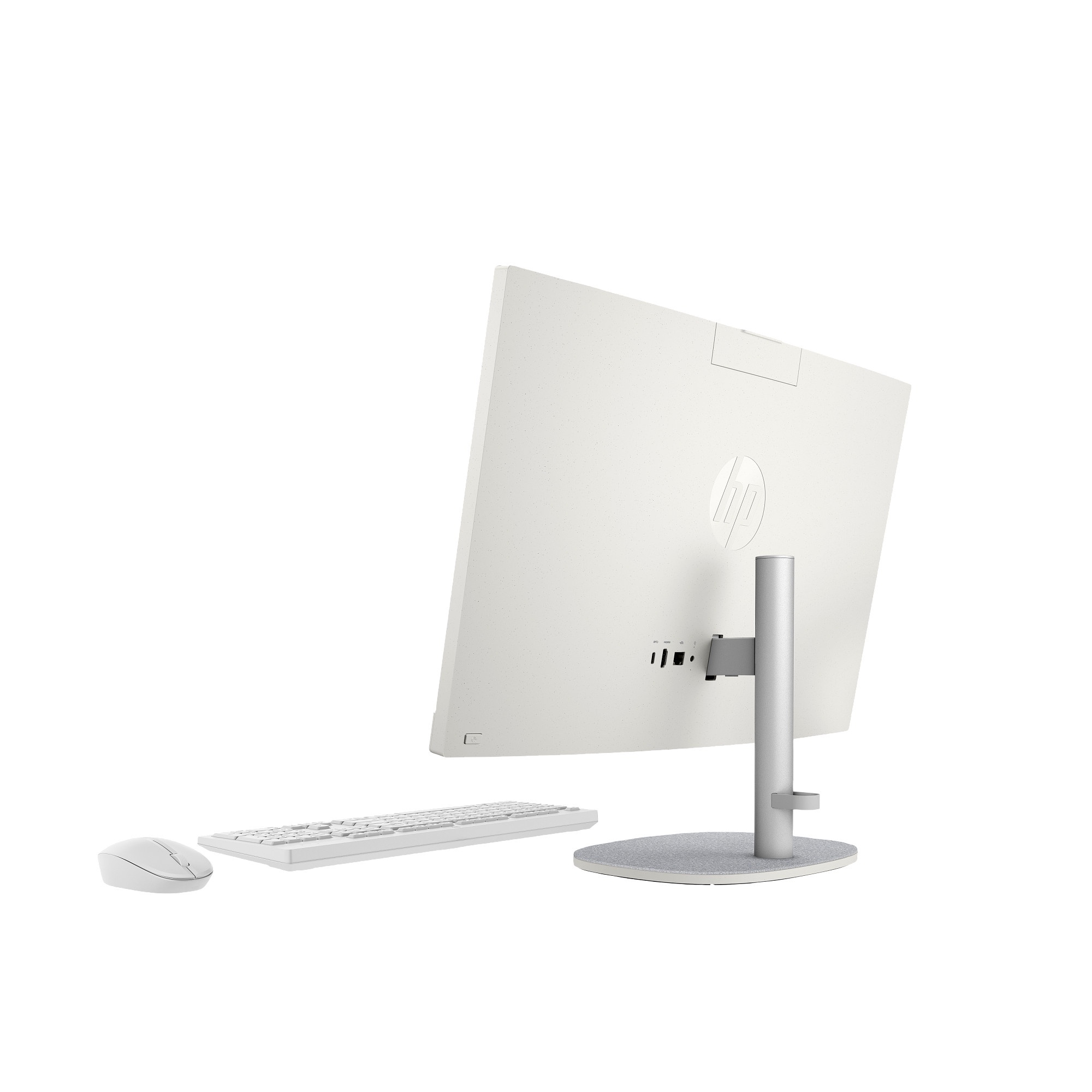 Parte trasera de ordenador HP All-in-One blanca con teclado y ratón.