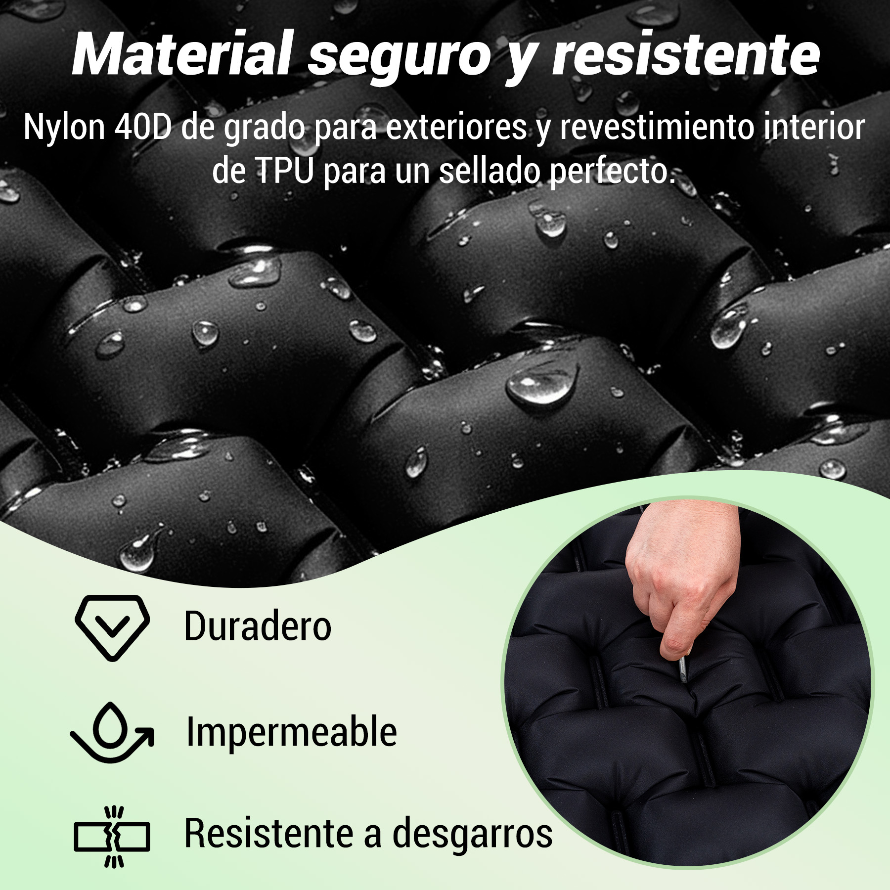 Material negro acolchado con gotas de agua. Iconos de durabilidad, impermeabilidad.