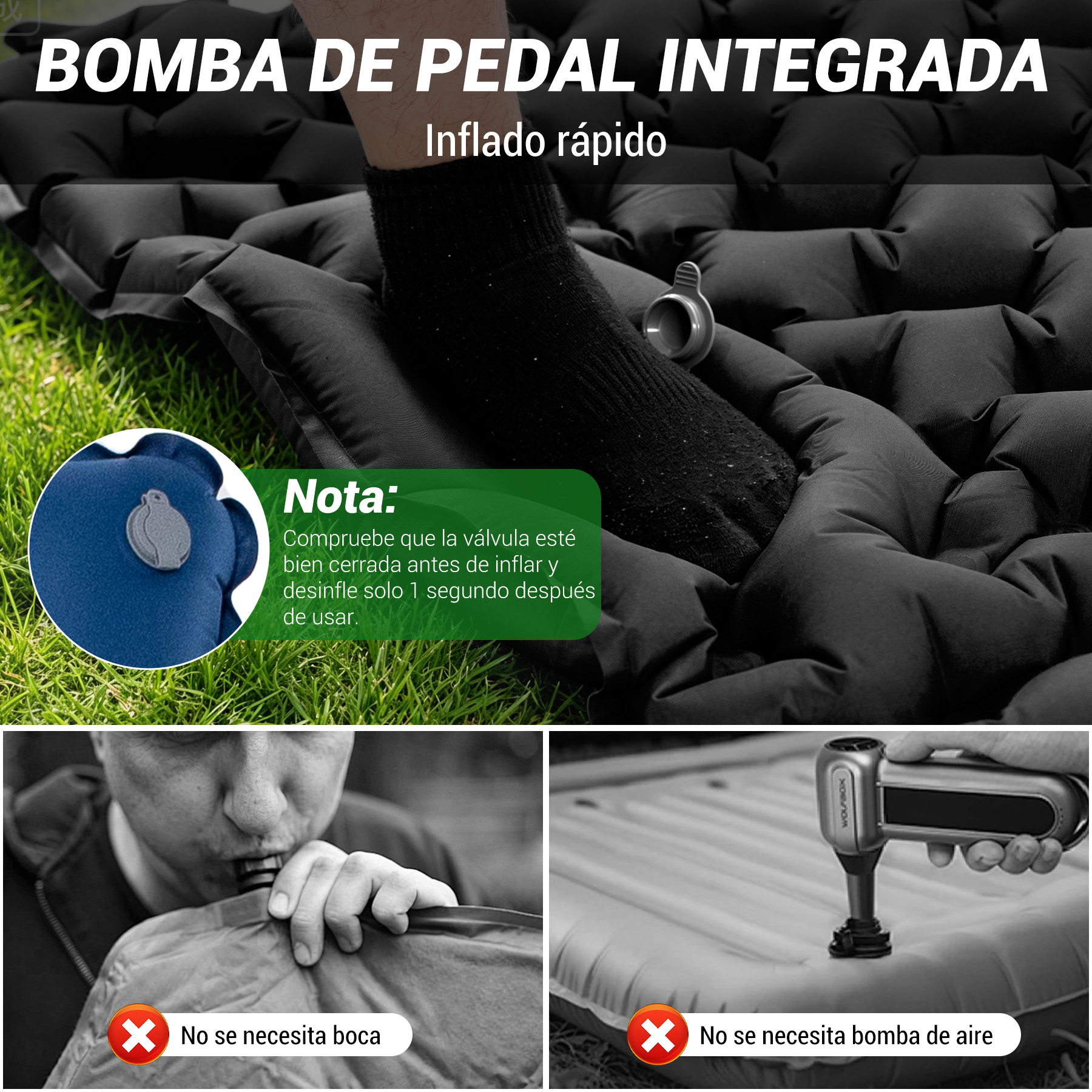 Pedal integrado: El pie infla rápido. Primer plano del pie y la válvula.