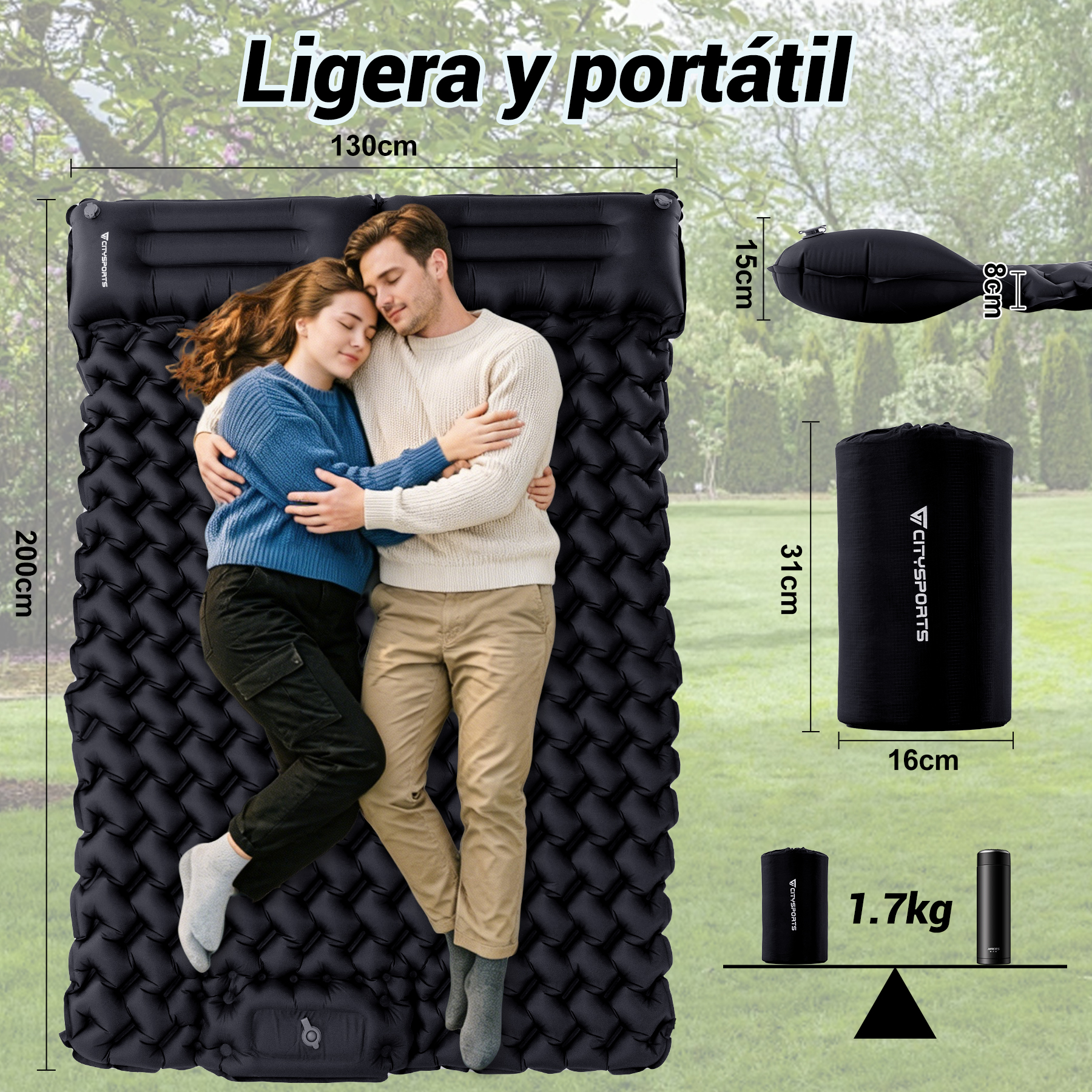 Pareja sobre colchoneta inflable negra, 130x200cm. Otros tamaños: 15x8cm, 31x16cm. Peso: 1.7kg.