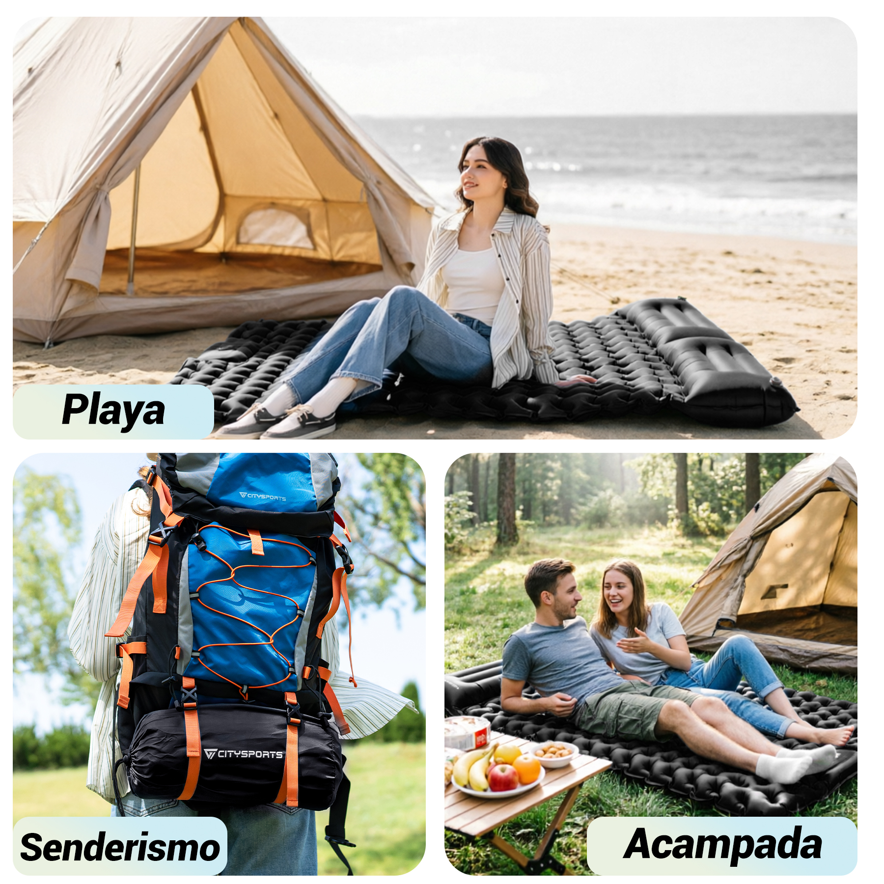 Tres escenas: mujer en playa, mochila, pareja acampando.