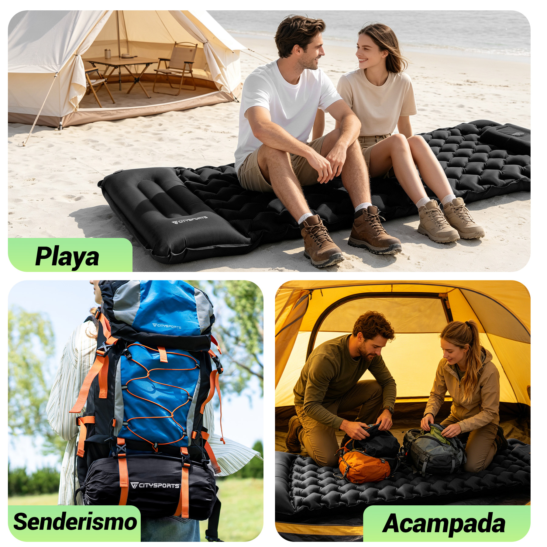 Hombre y mujer en colchoneta de playa; hombre con mochila; pareja en tienda amarilla.