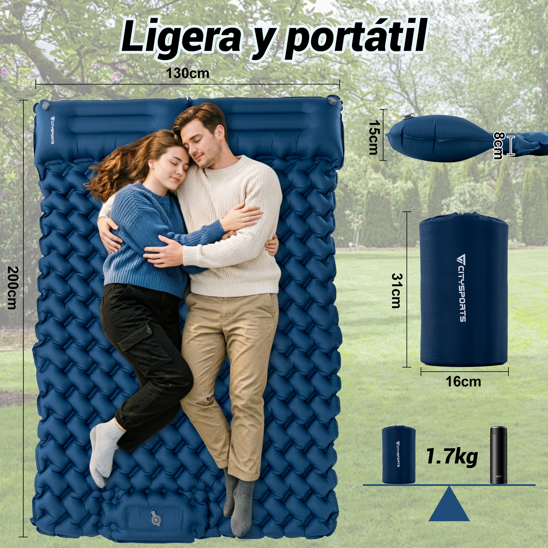 Una pareja duerme en un colchón inflable azul al aire libre. Se muestran dimensiones.