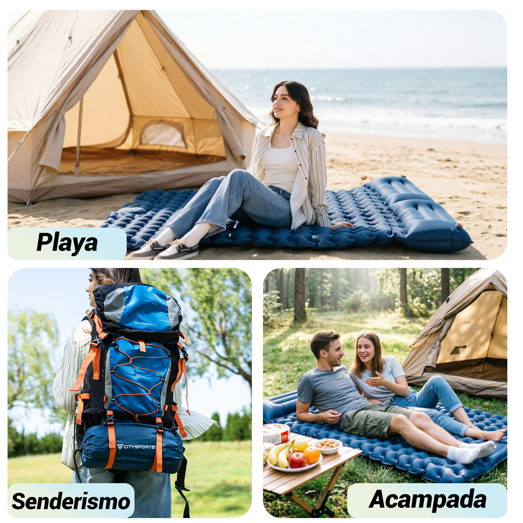 Tres escenas: Mujer en playa, mochila, pareja acampando.