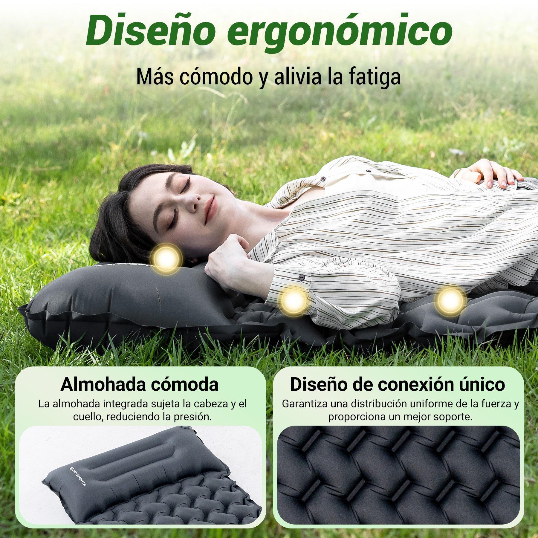 Mujer descansando sobre colchoneta inflable en el césped. "Diseño ergonómico".
