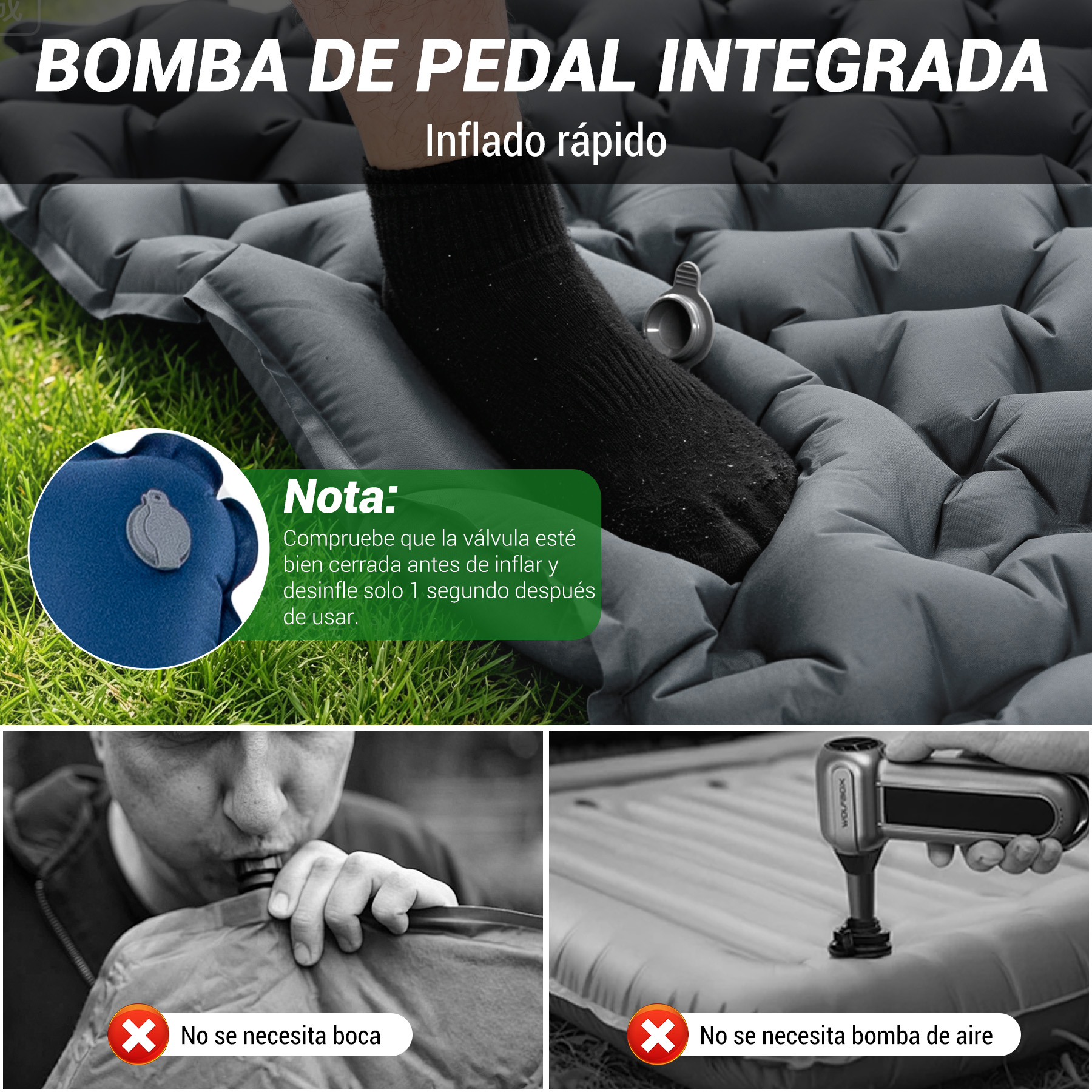 Colchón de aire con pedal integrado: El pie infla rápido. No se necesita boca ni bomba.