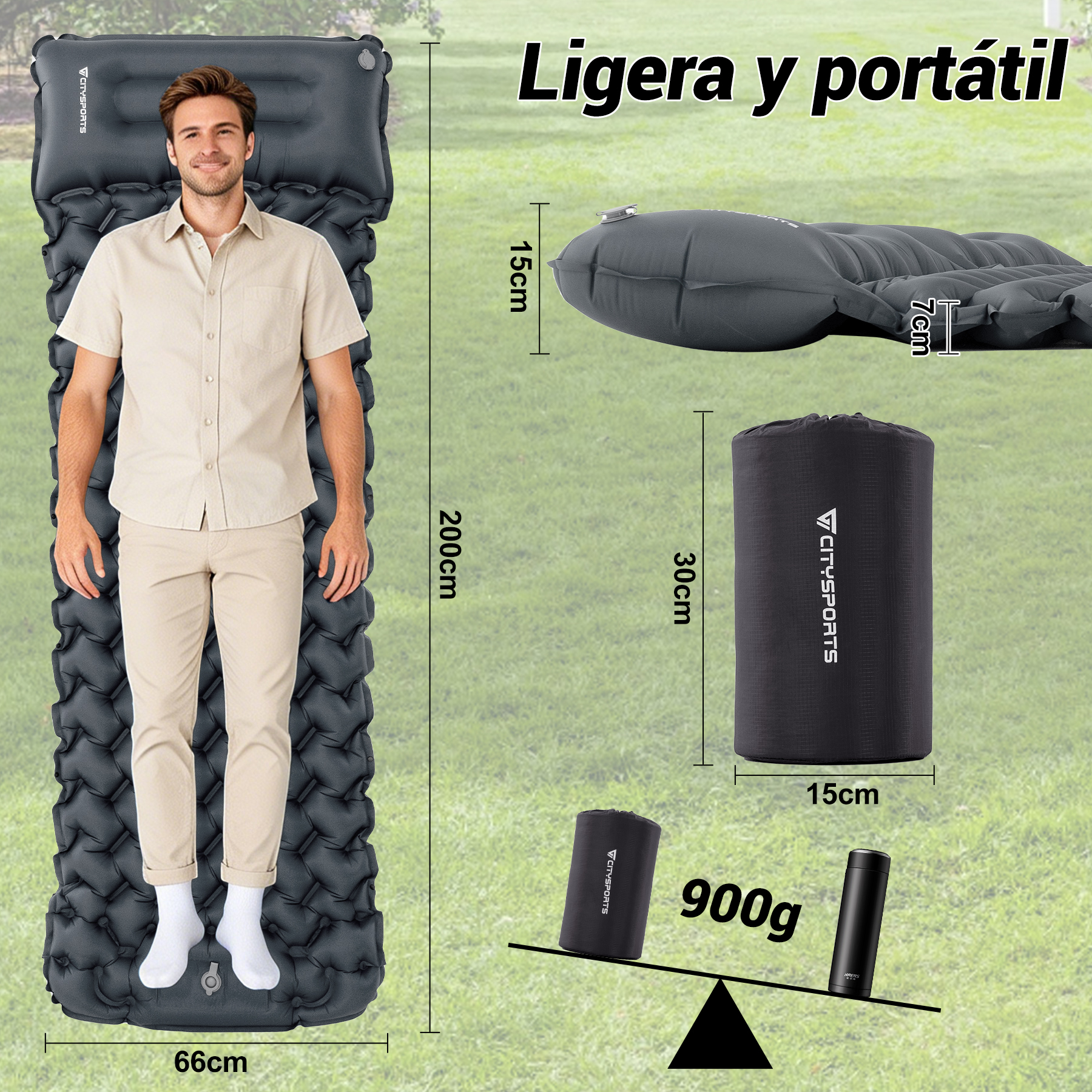 Un hombre sobre un colchón inflable; se muestran detalles de tamaño y peso.