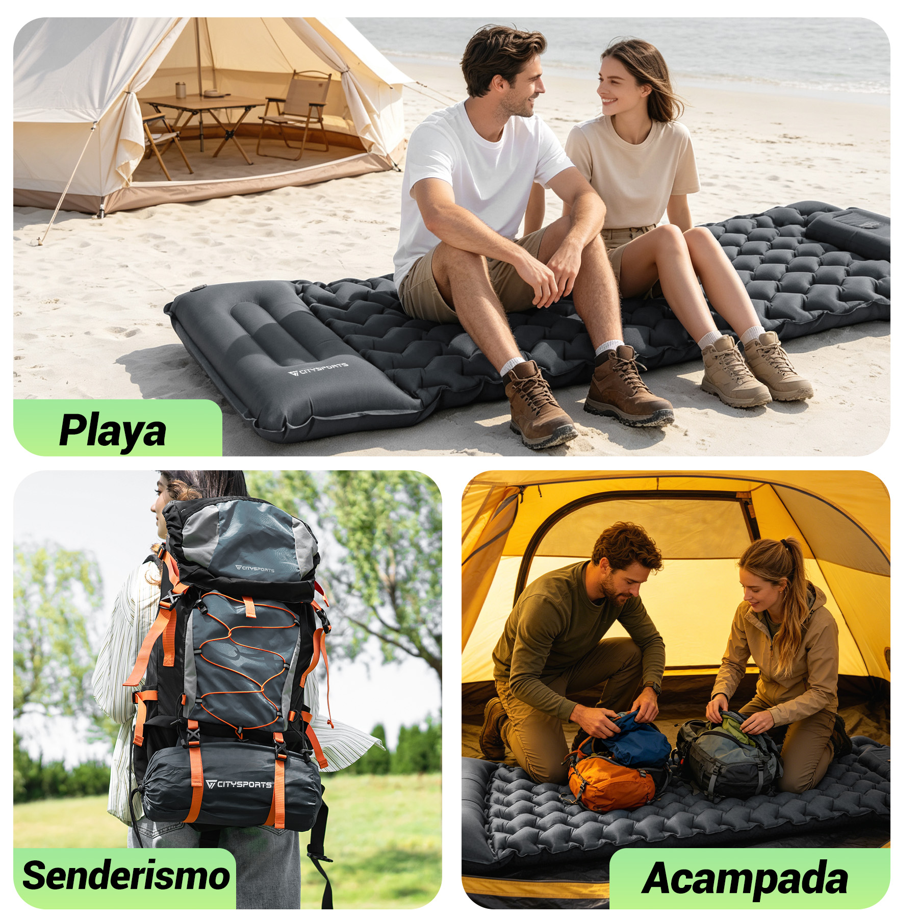 Hombre y mujer en playa, excursionista con mochila, pareja en tienda.