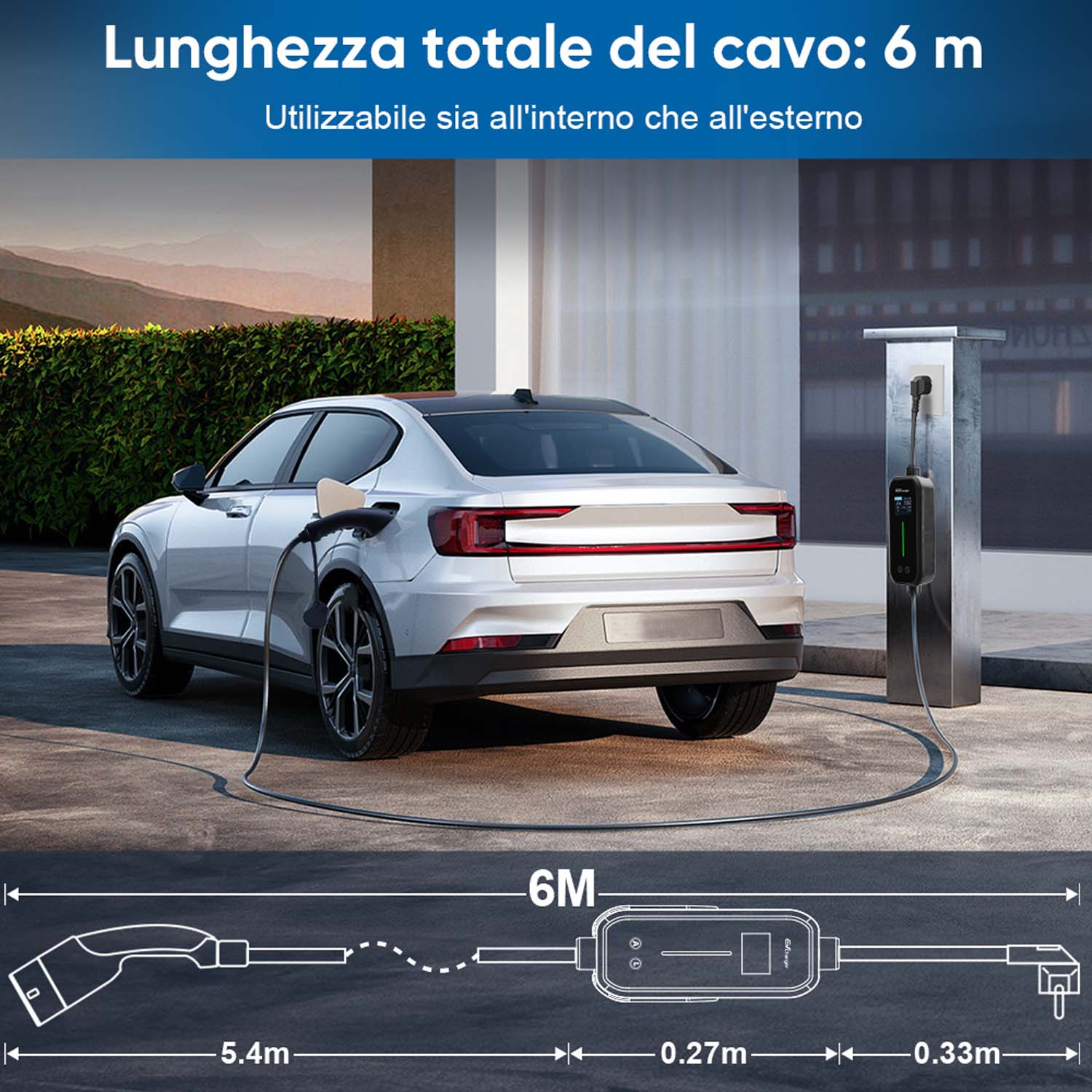 Un'auto elettrica argentata si sta caricando in una stazione con un cavo da 6 metri.