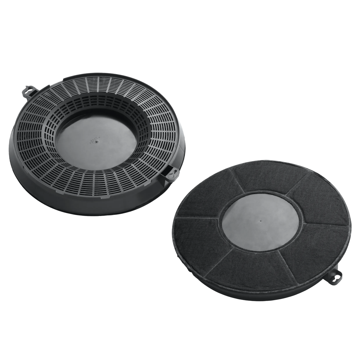 Due filtri rotondi a carboni attivi per cappe da cucina, un telaio in plastica nera e un filtro in feltro.