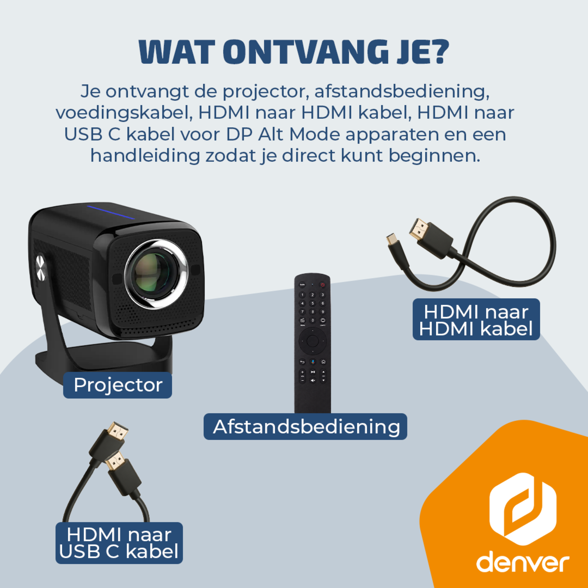 Projector, remote, HDMI to HDMI cable, HDMI to USB C cable, power cable.