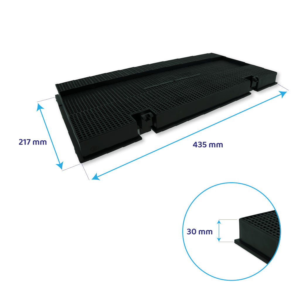 Elemento grigliato nero, 435x217 mm, alto 30 mm. Con misure.