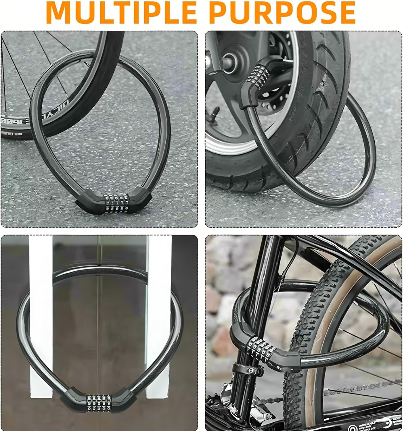 Vier Bilder eines schwarzen Zahlenschlosses für Fahrräder und Motorroller.