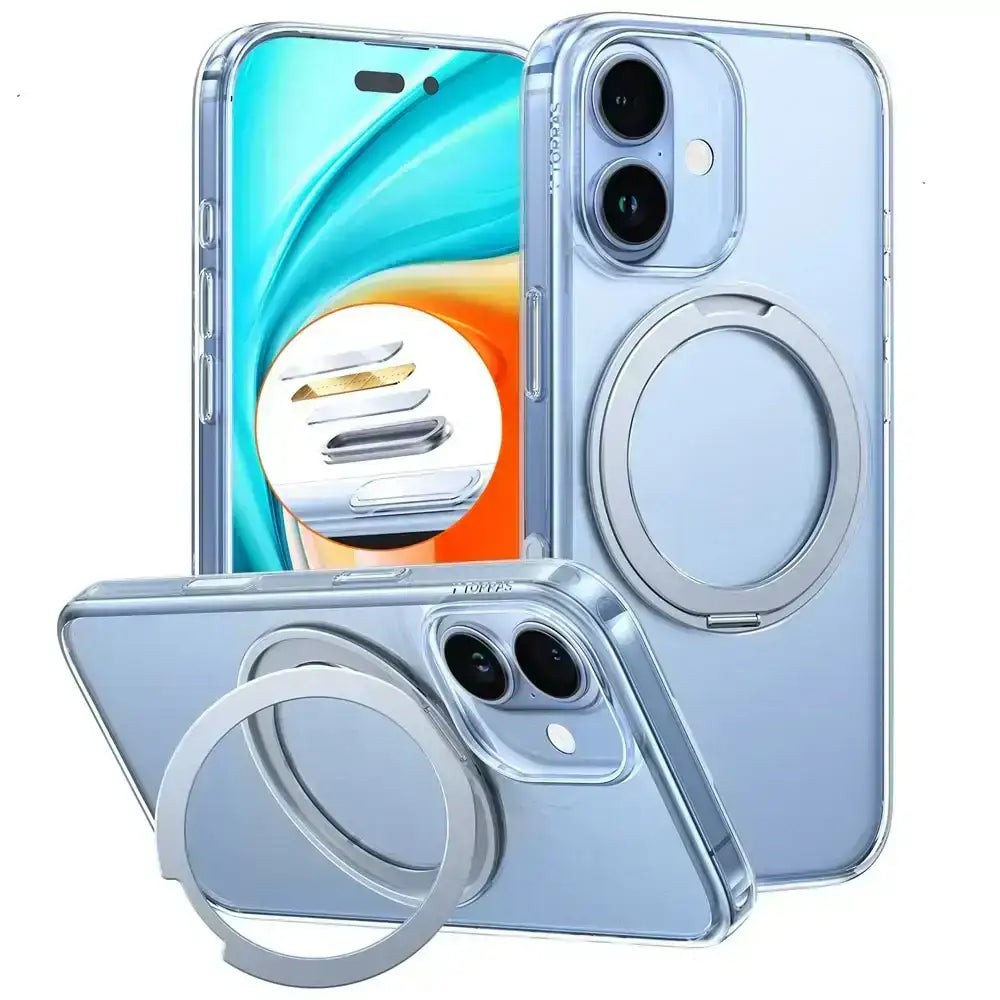 Fundas transparentes para iPhone con soporte de anillo, fondos blanco y azul.