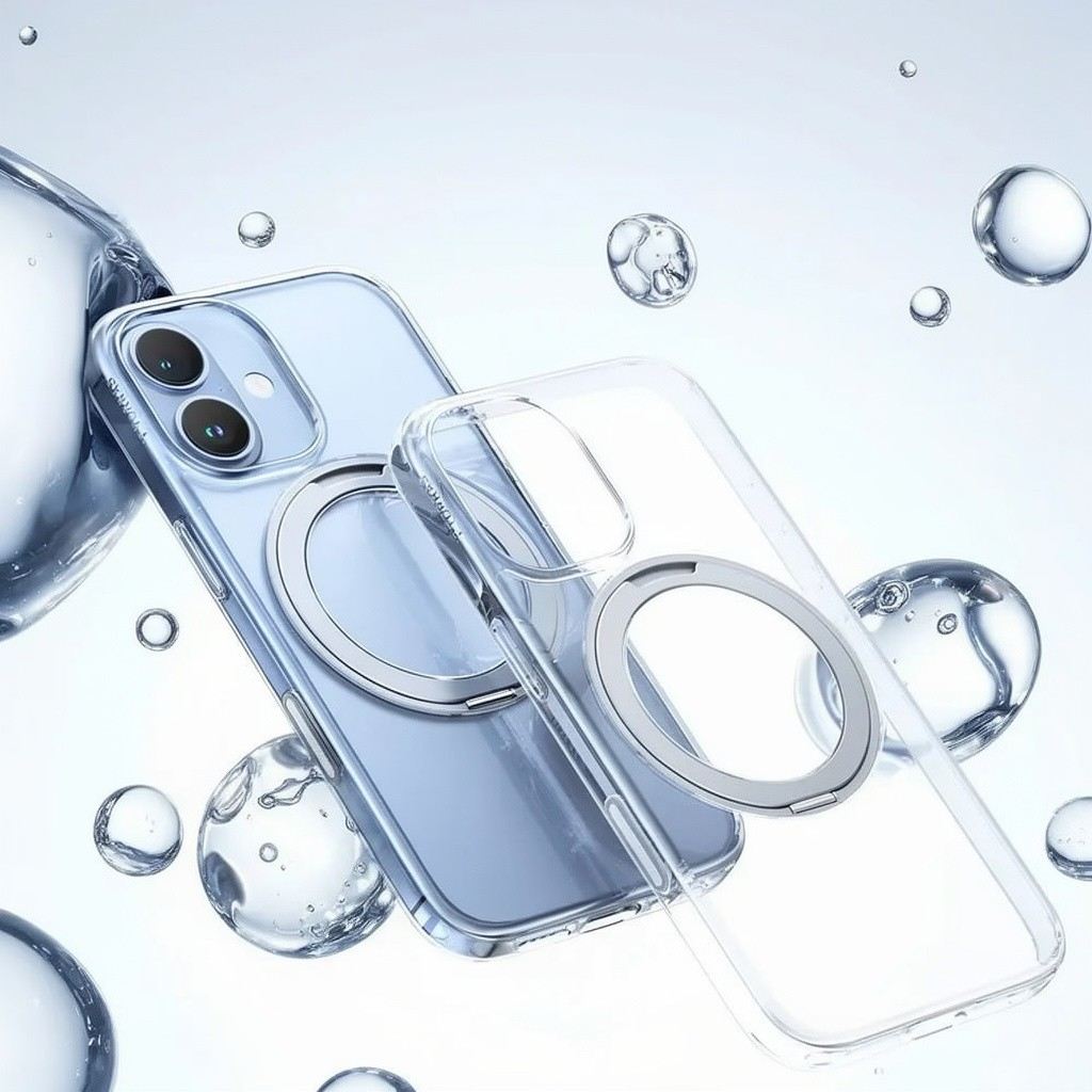 Dos fundas transparentes para teléfono con anillos magnéticos flotan cerca de gotas de agua.