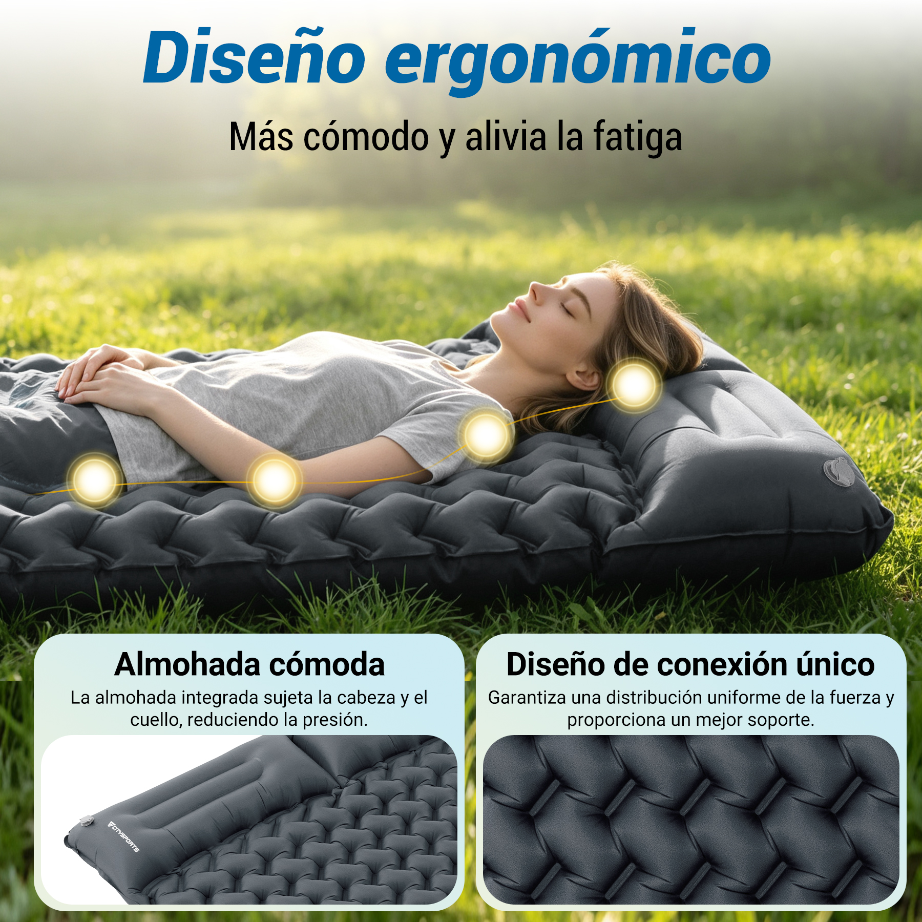 Una mujer yace en una colchoneta inflable al aire libre. Diseño ergonómico.