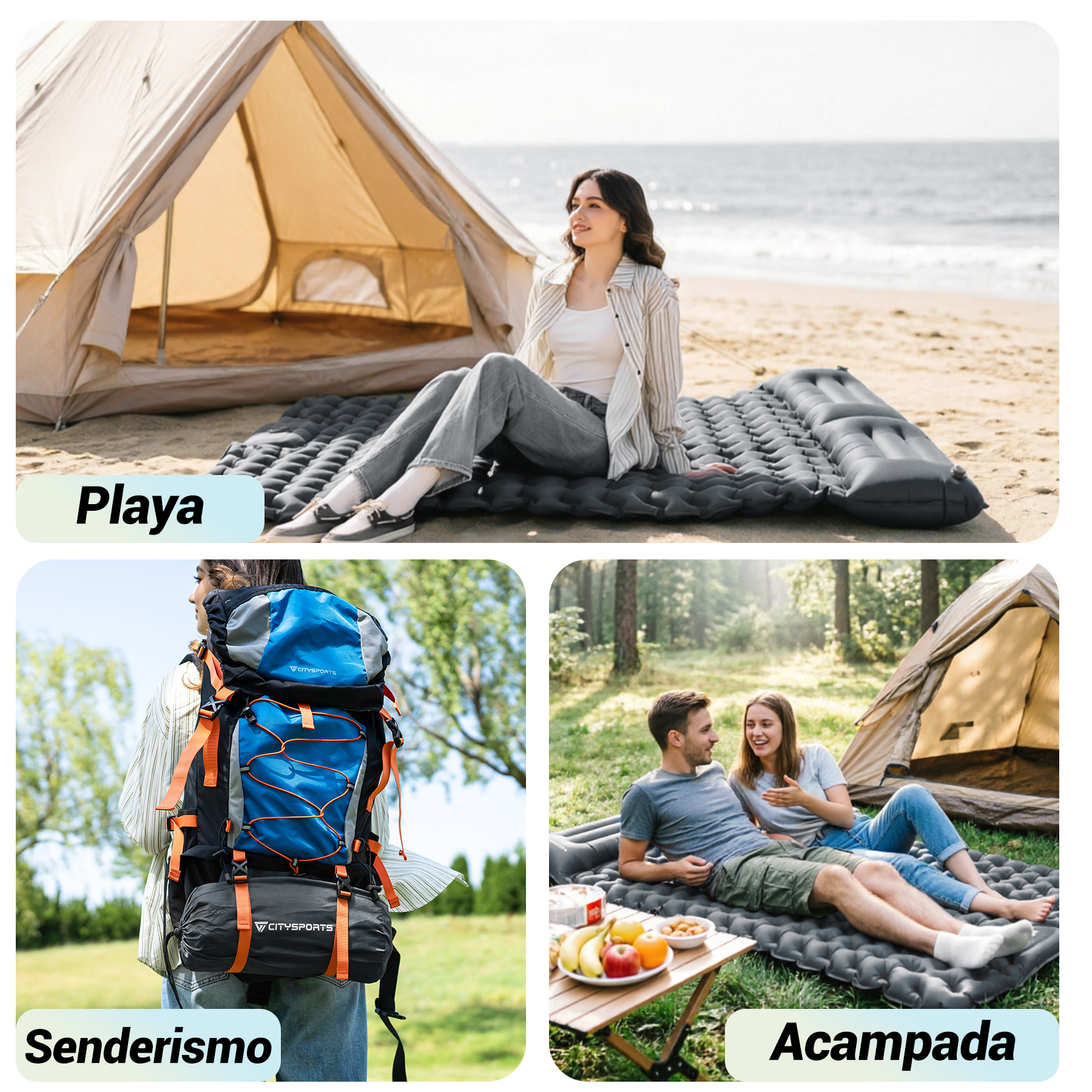 Tres escenas: Mujer en playa, excursionista con mochila, pareja acampando.