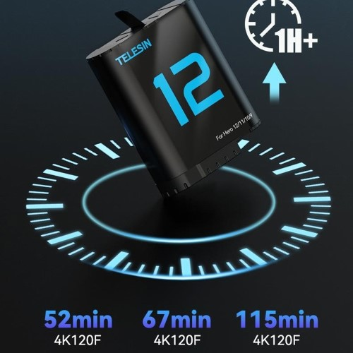 Schwarzer Akku mit der Zahl 12 und "Telesin"-Logo. "1H+"-Symbol.