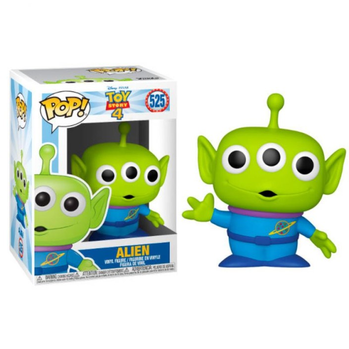 Figura aliena verde di Toy Story 4 in tuta blu con colletto viola.