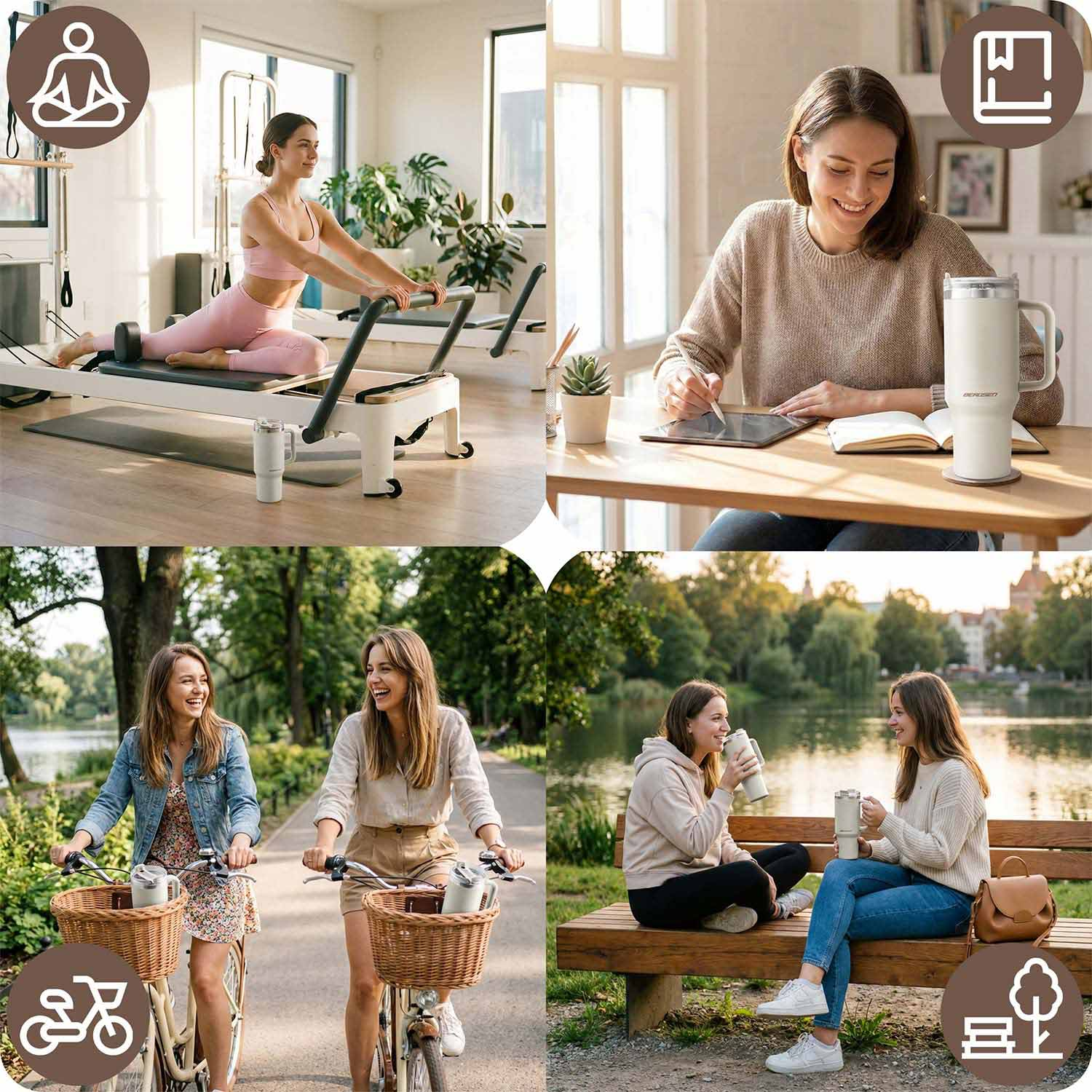 Cztery obrazy: Pilates, kobieta w pracy, jazda na rowerze i relaks nad jeziorem.