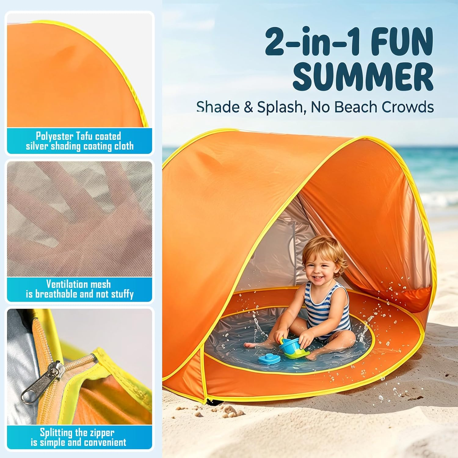 Ein Kleinkind spielt in einem kleinen Pool in einem orangefarbenen Strandzelt an einem Sandstrand. Das Zelt hat gelbe Verzierungen und Netzbelüftung.