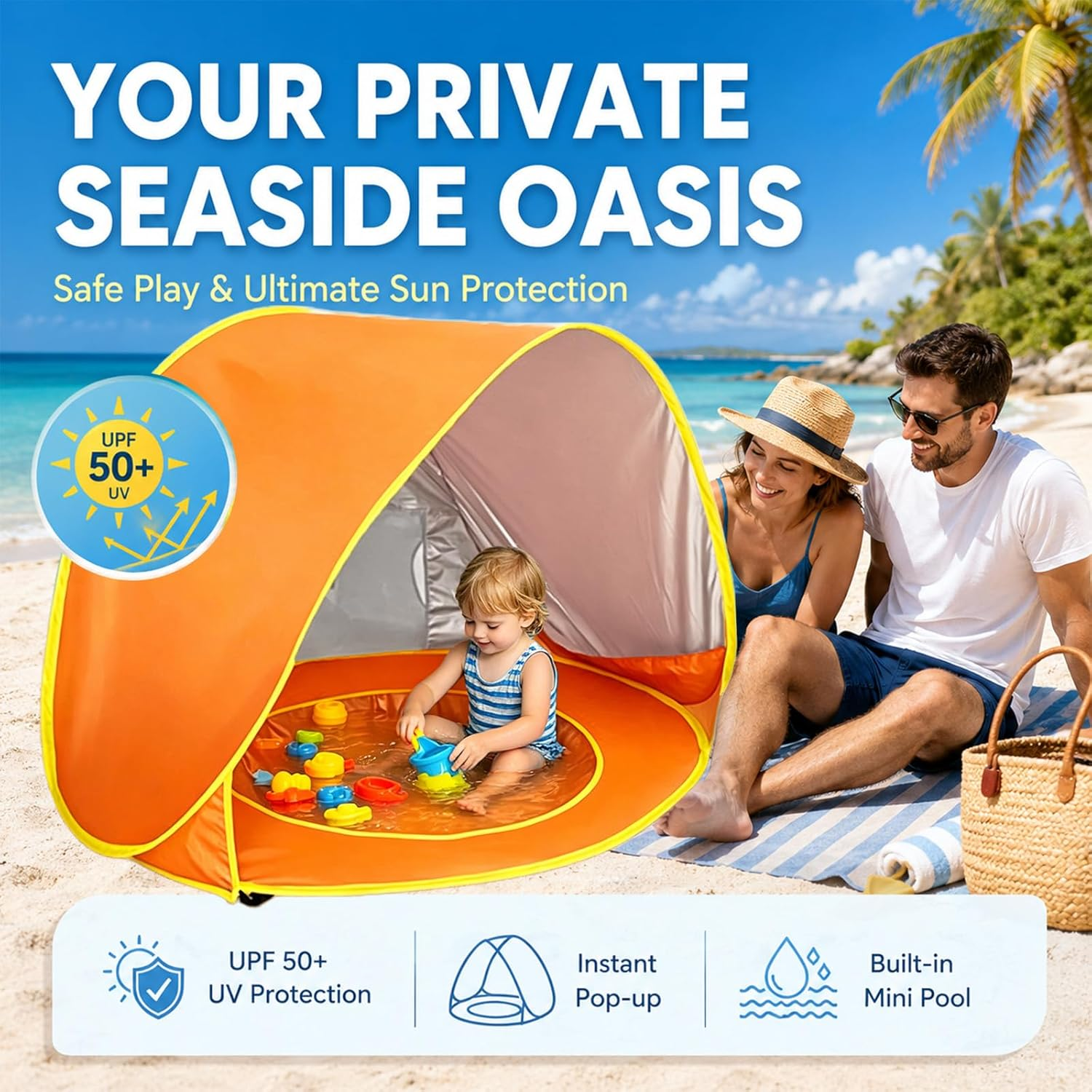 Familie am Strand mit orangefarbenem Pop-up-Zelt und Minipool für ein Kind.