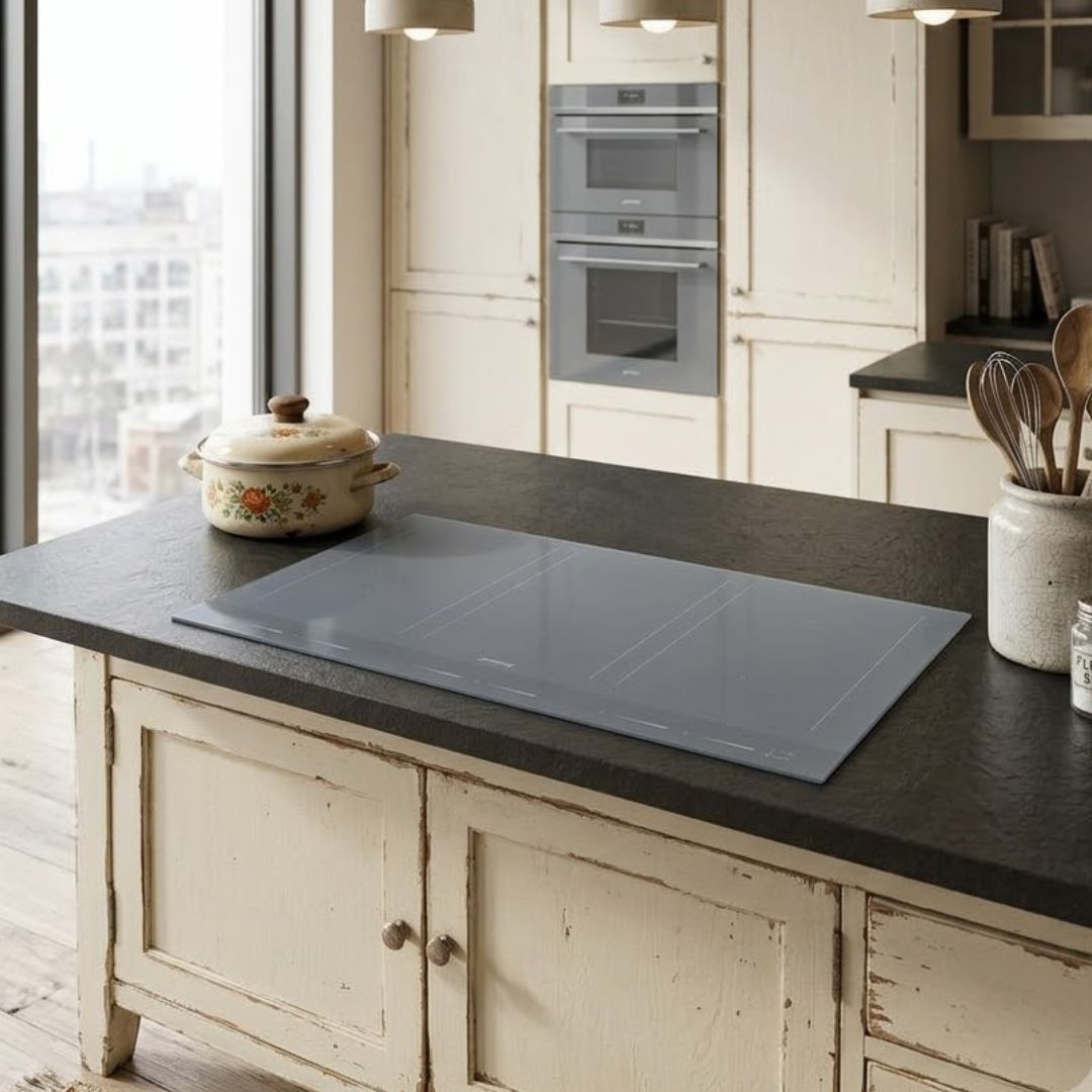 Un moderno piano cottura a induzione grigio su un piano di lavoro scuro in cucina.