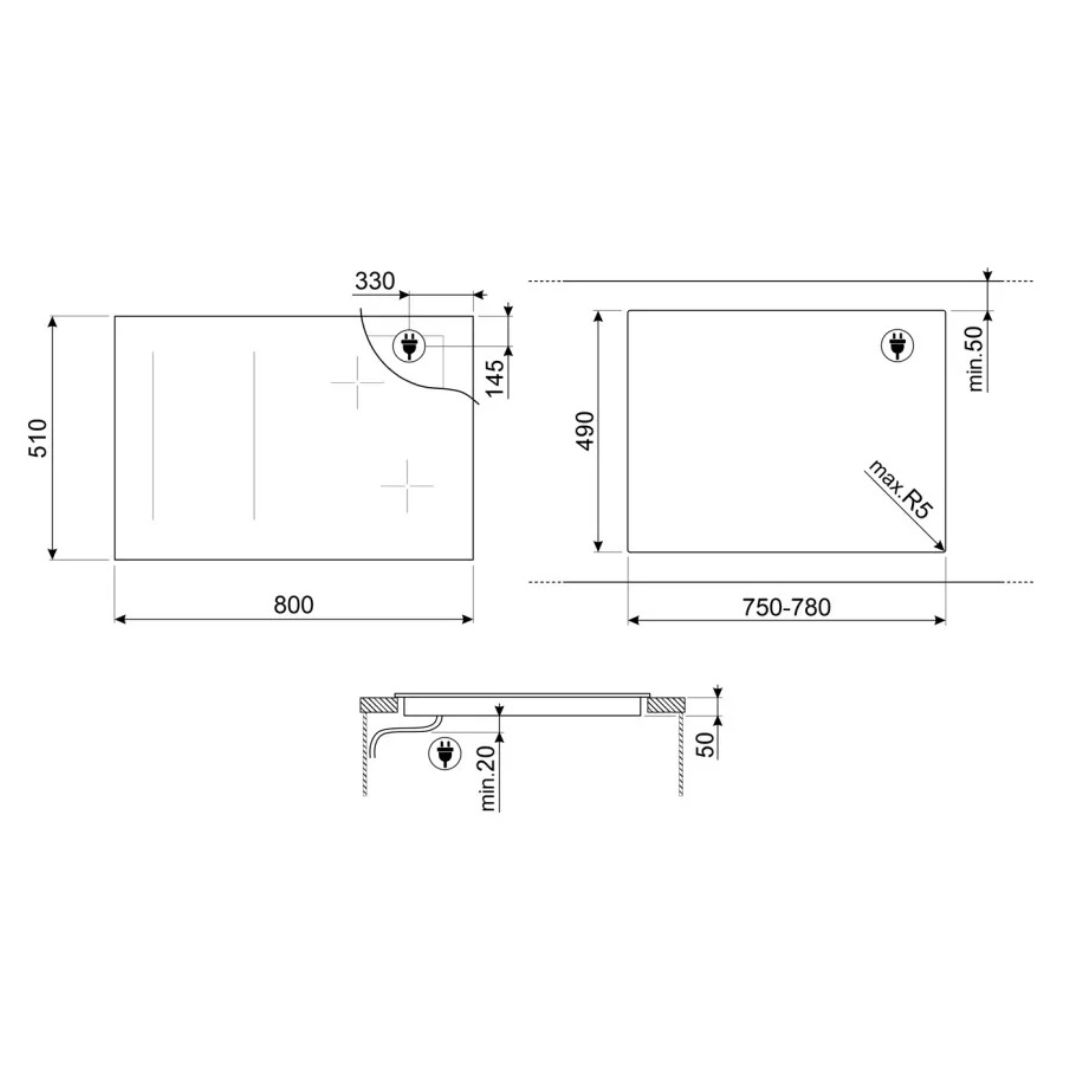 Disegno tecnico con dimensioni per un piano cottura, viste dall'alto e laterali.