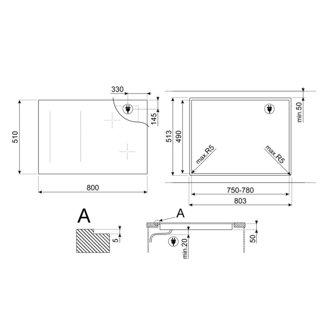 Disegno tecnico di un piano cottura con dimensioni e dettagli.