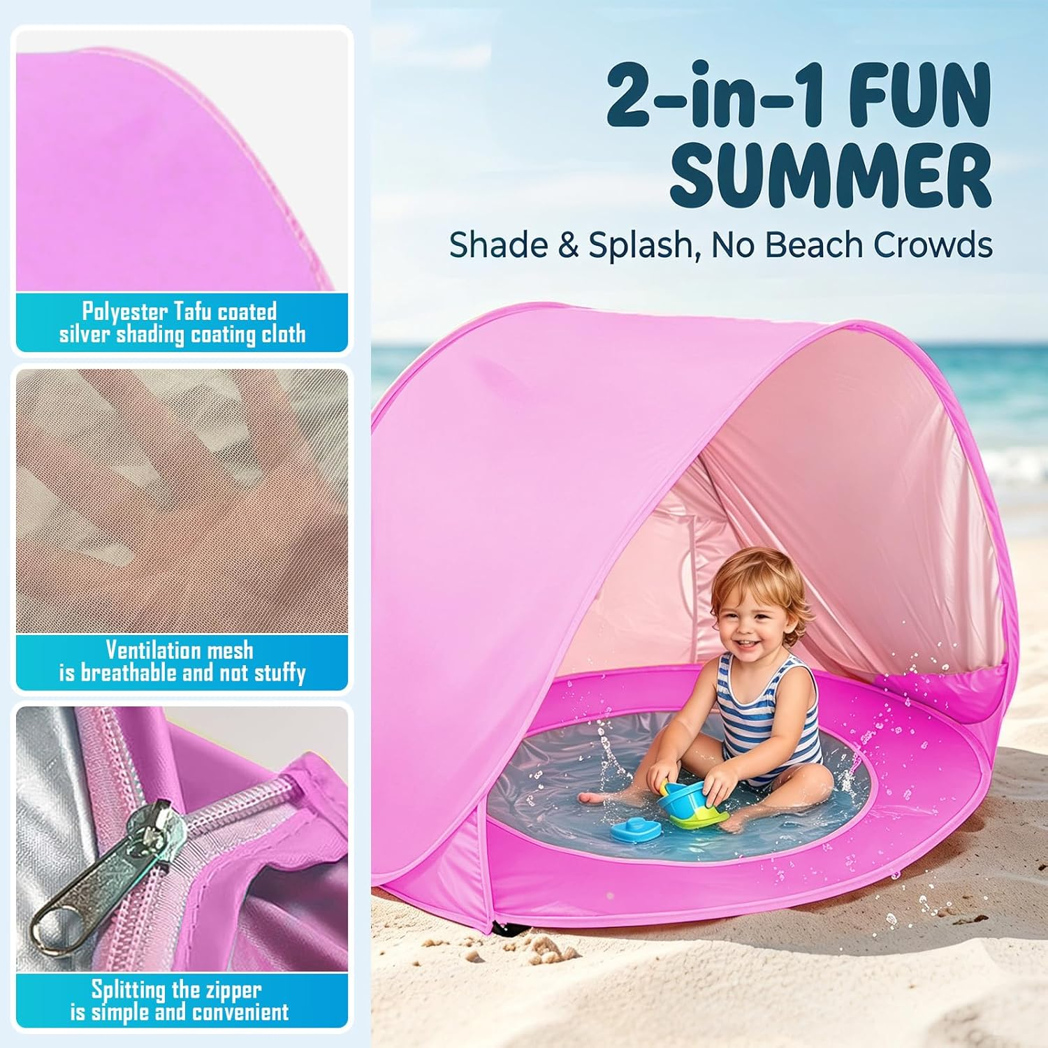 Ein lächelnder Kleinkind sitzt im Planschbecken eines pinken Strandzelts und spielt mit Spielzeug an einem Sandstrand.