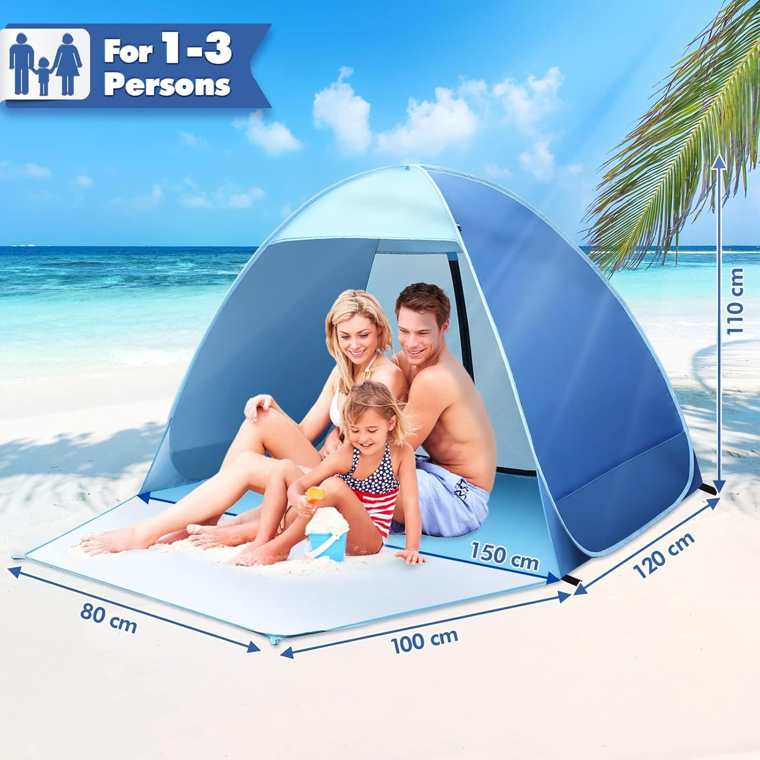Familie sitzt in einem blauen Strandzelt am Meer. Maße sind angegeben.