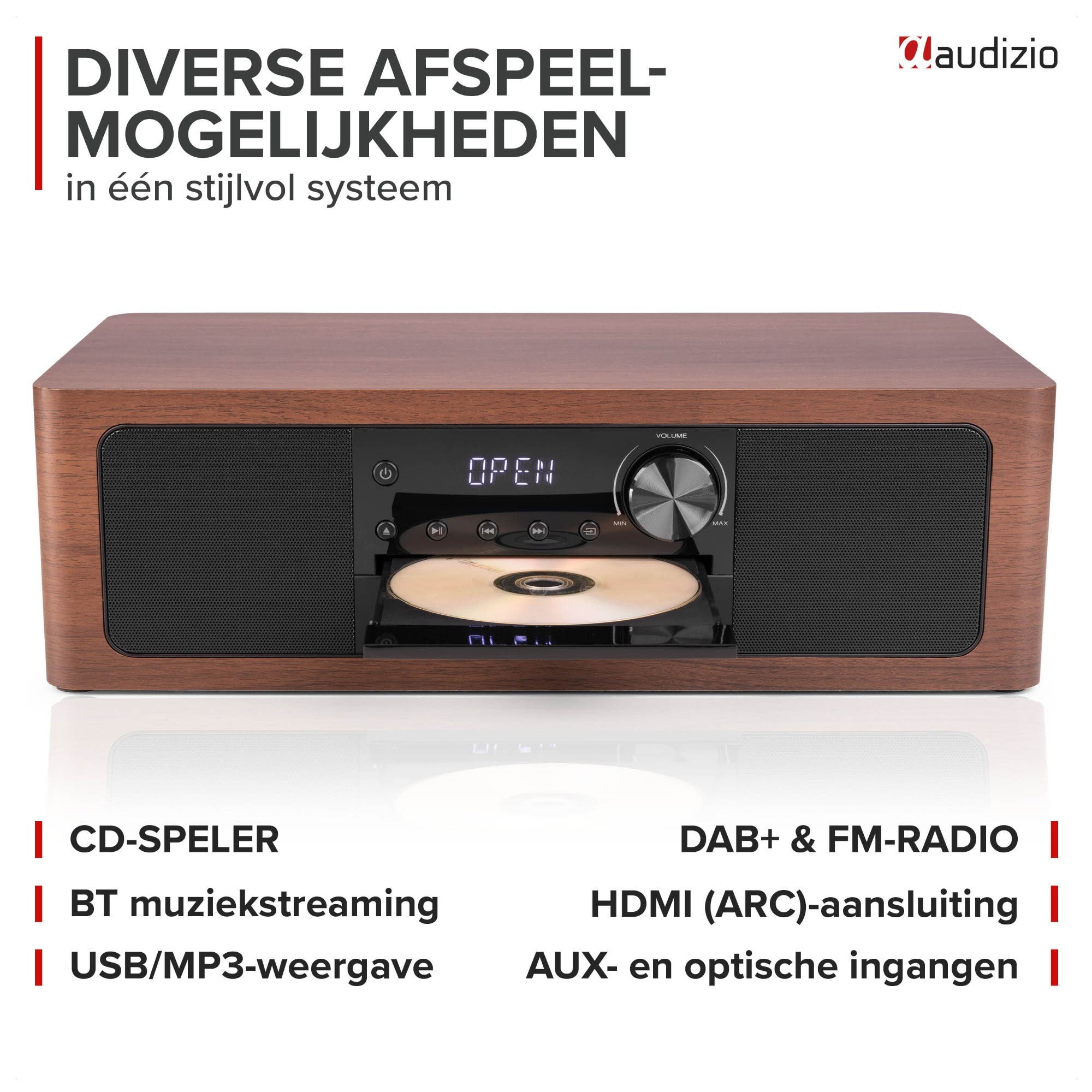 Sistema Audizio de color madera con reproductor de CD, altavoces y controles.