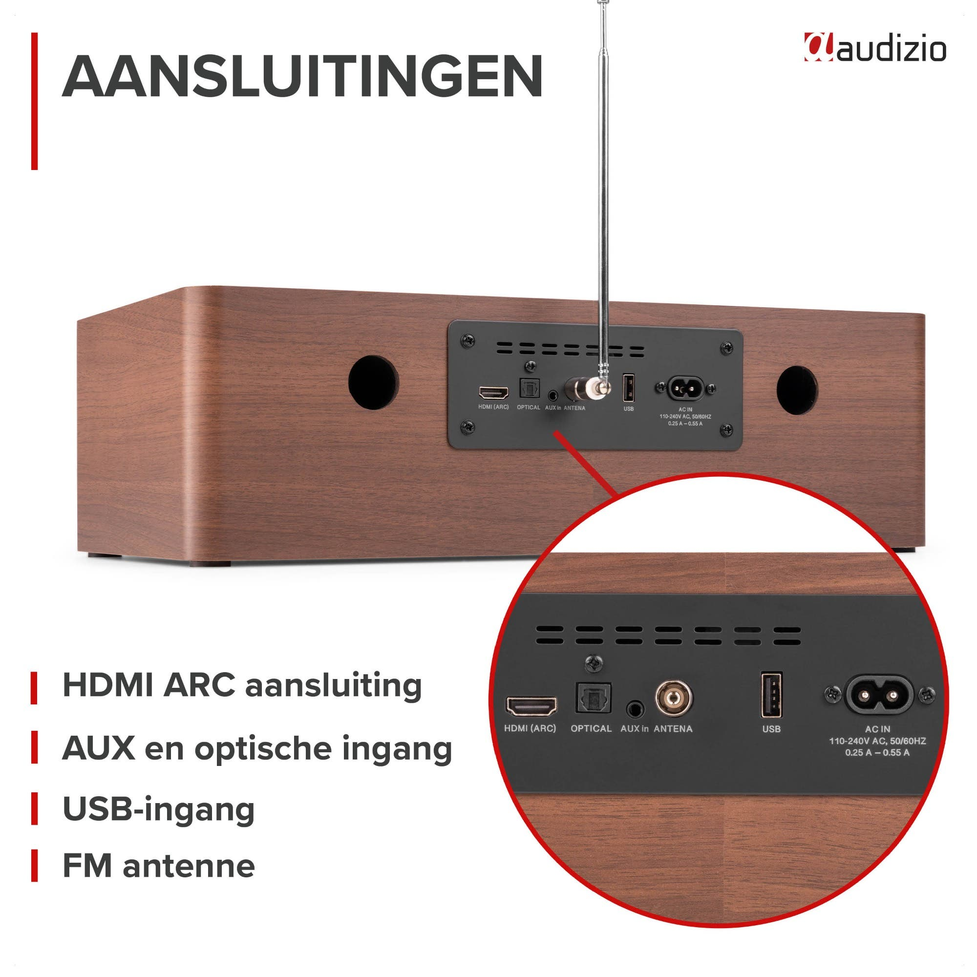 Parte trasera de una radio de madera mostrando conexiones: HDMI, óptica, AUX, USB y corriente.