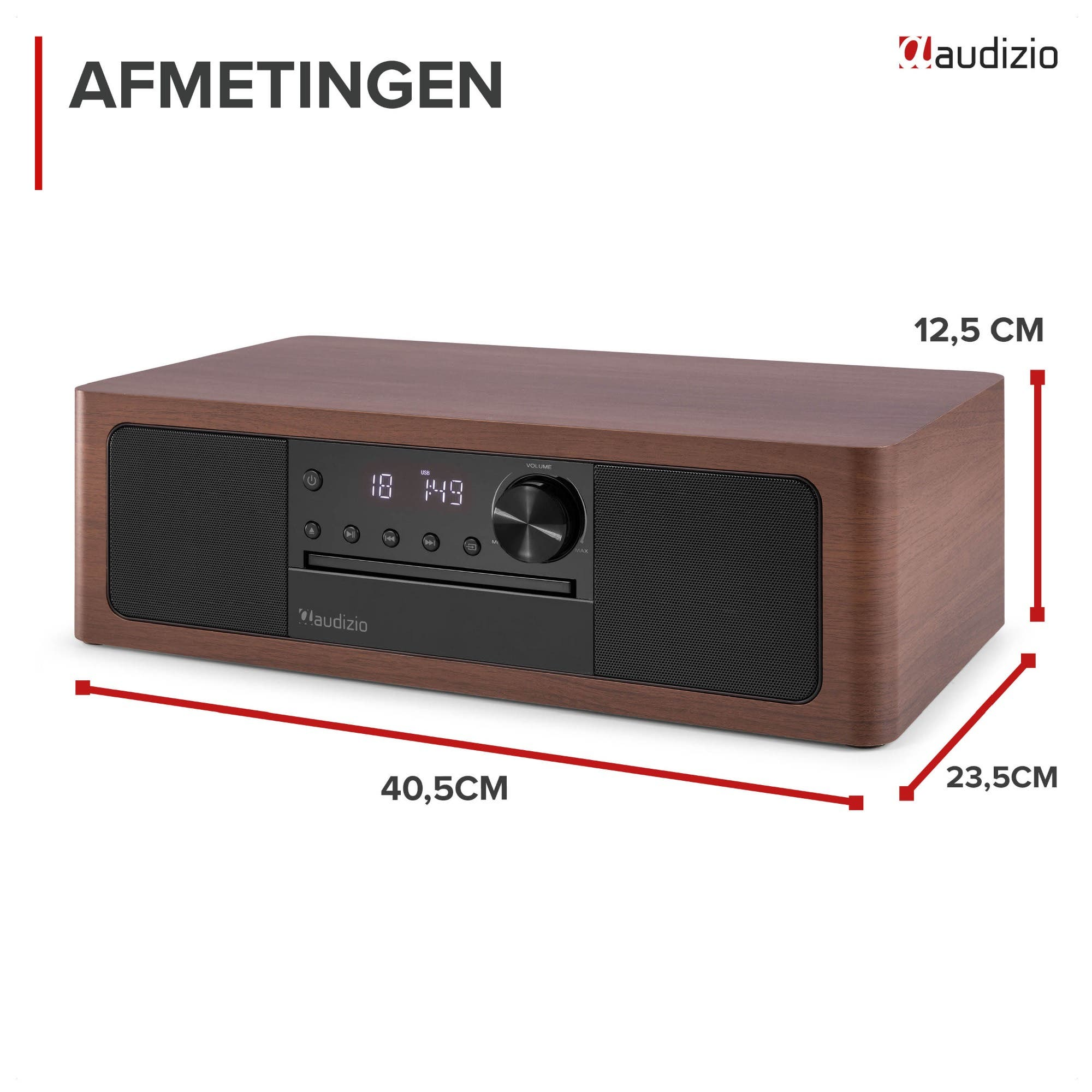 Radio de madera con altavoces, reproductor de CD, pantalla y controles. Dimensiones: 40,5x23,5x12,5 cm.