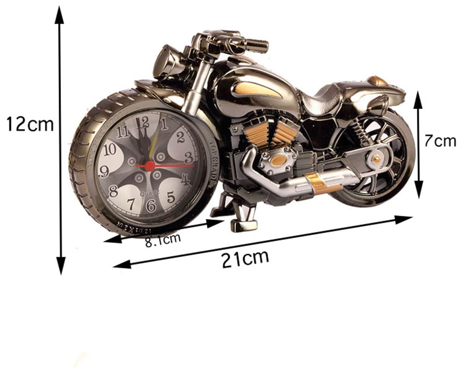 Ein silberner Motorrad-Wecker mit einem Zifferblatt im Rad. Maße: 21x12x7cm.